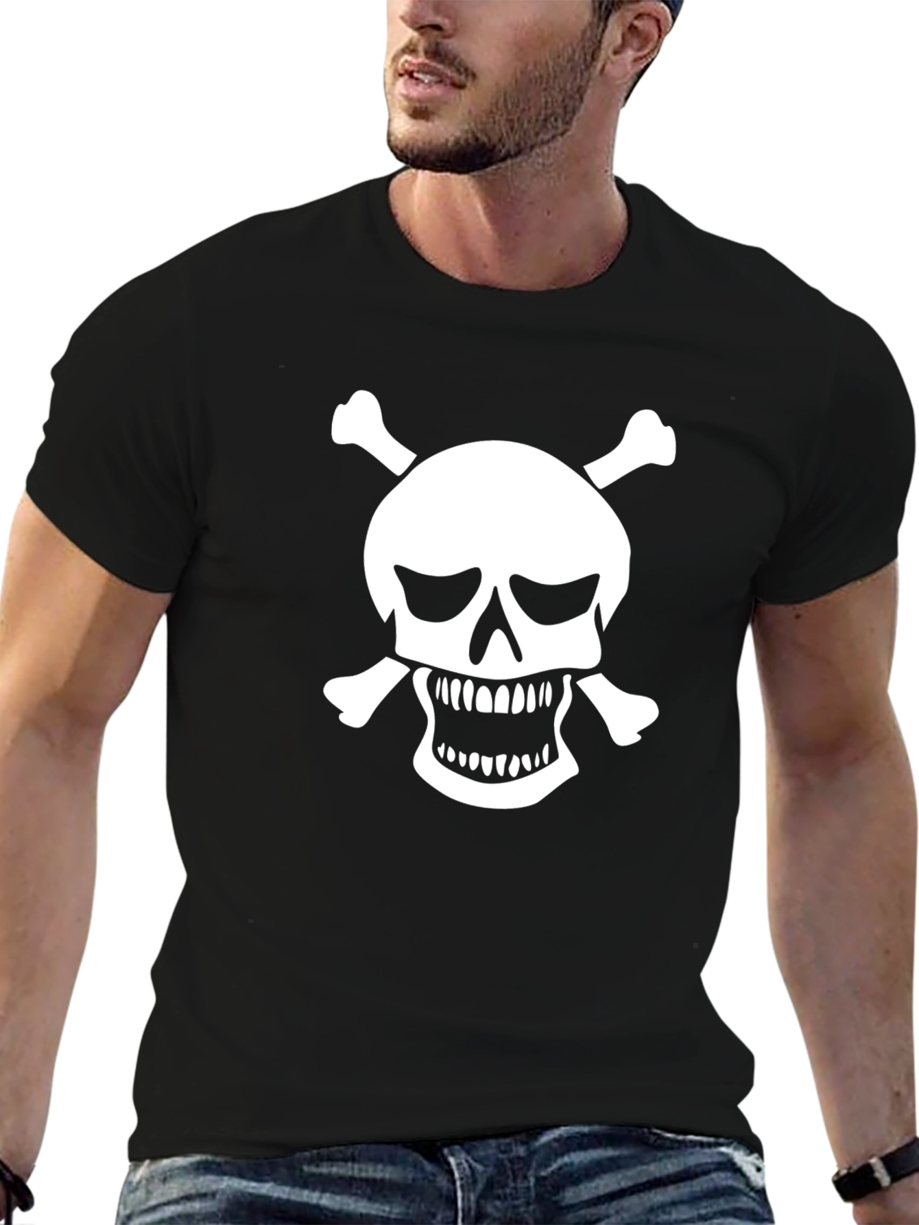 Skull & Crossbones Graphic Tee - Black Cotton T-Shirt