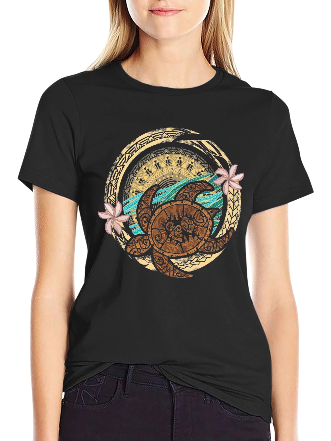 Tribal Turtle Design Black T-Shirt