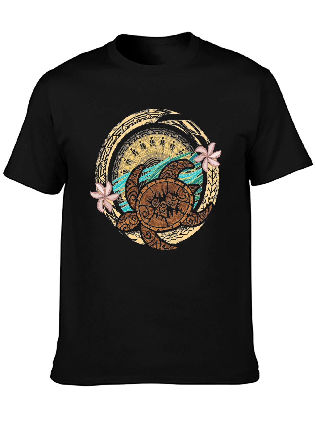 Tribal Turtle Design Black T-Shirt