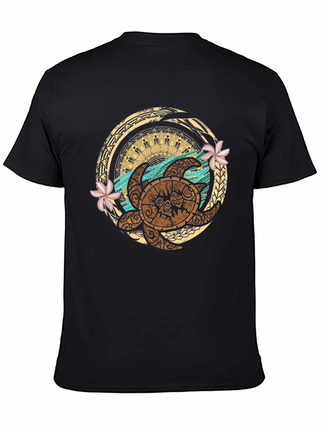 Tribal Turtle Design Black T-Shirt