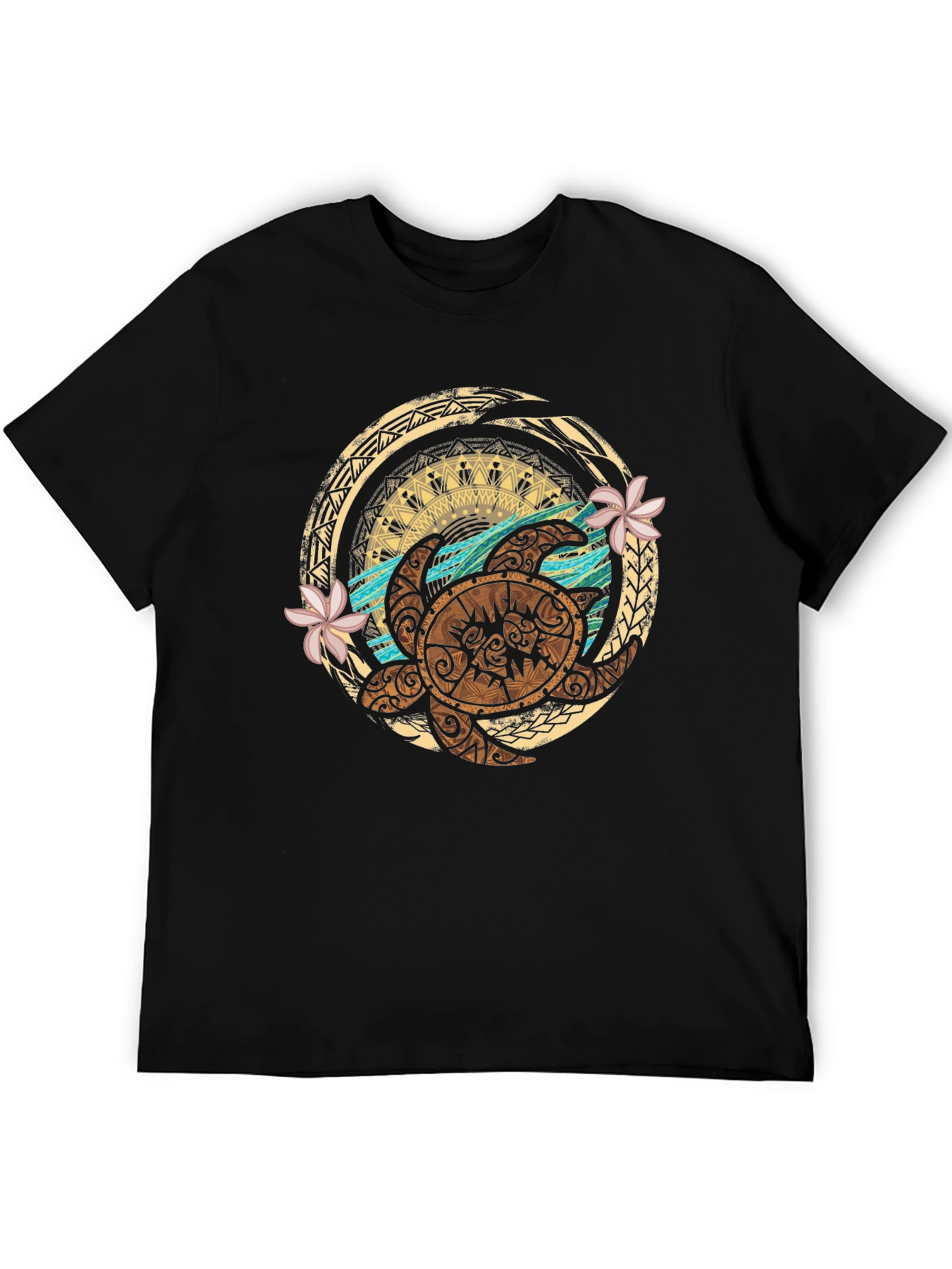 Tribal Turtle Design Black T-Shirt