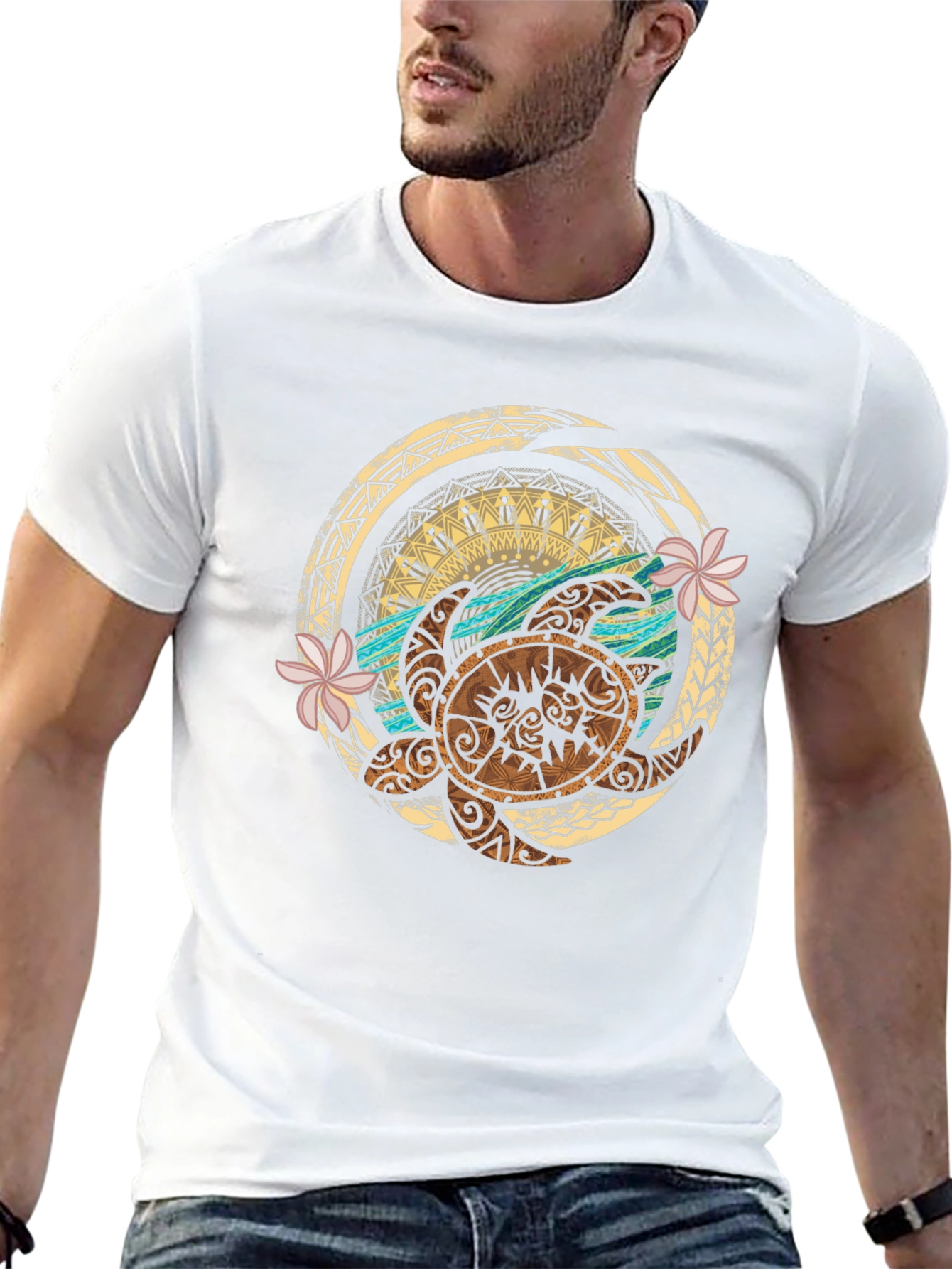Tribal Turtle Design Black T-Shirt