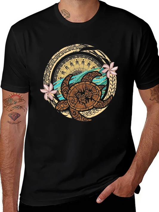 Tribal Turtle Design Black T-Shirt