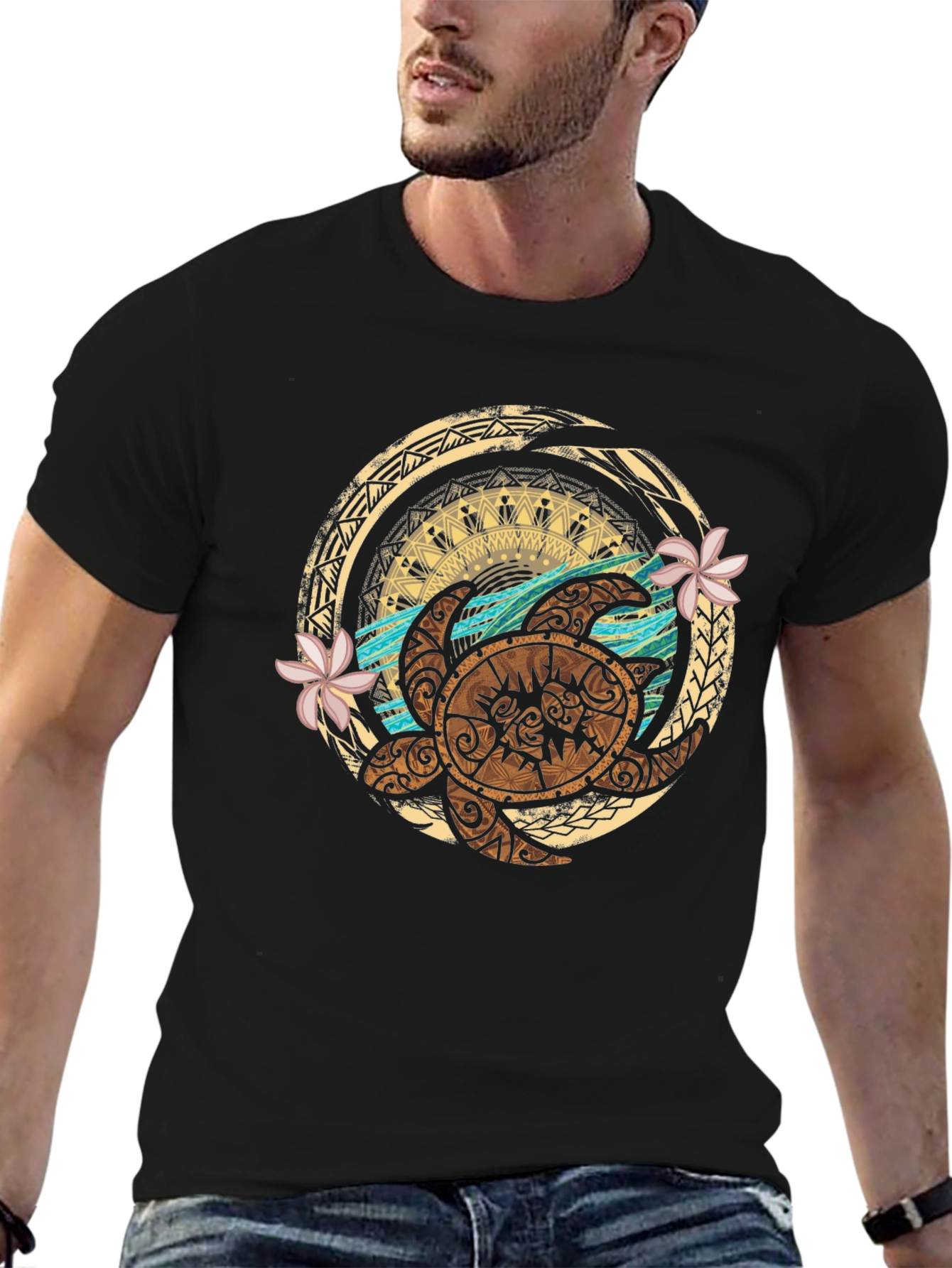 Tribal Turtle Design Black T-Shirt