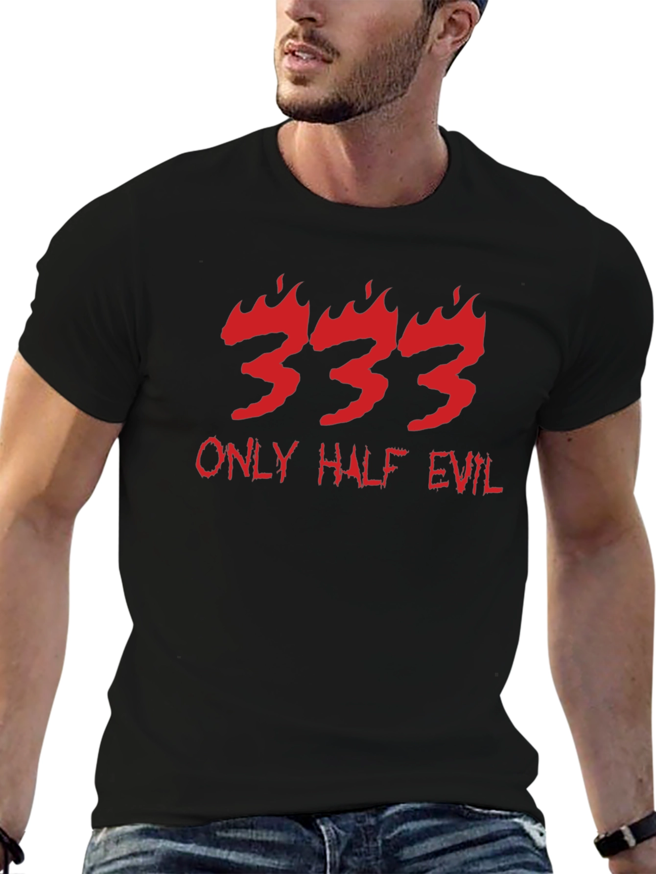 333 Only Half Evil Graphic Print Black T-Shirt