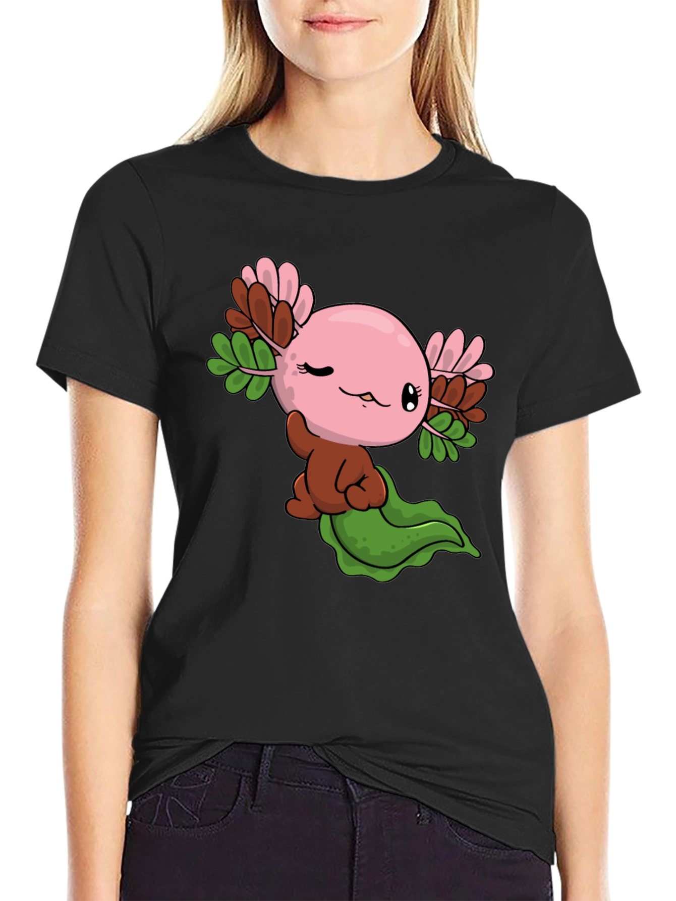 Cute Axolotl Cartoon Black T-Shirt