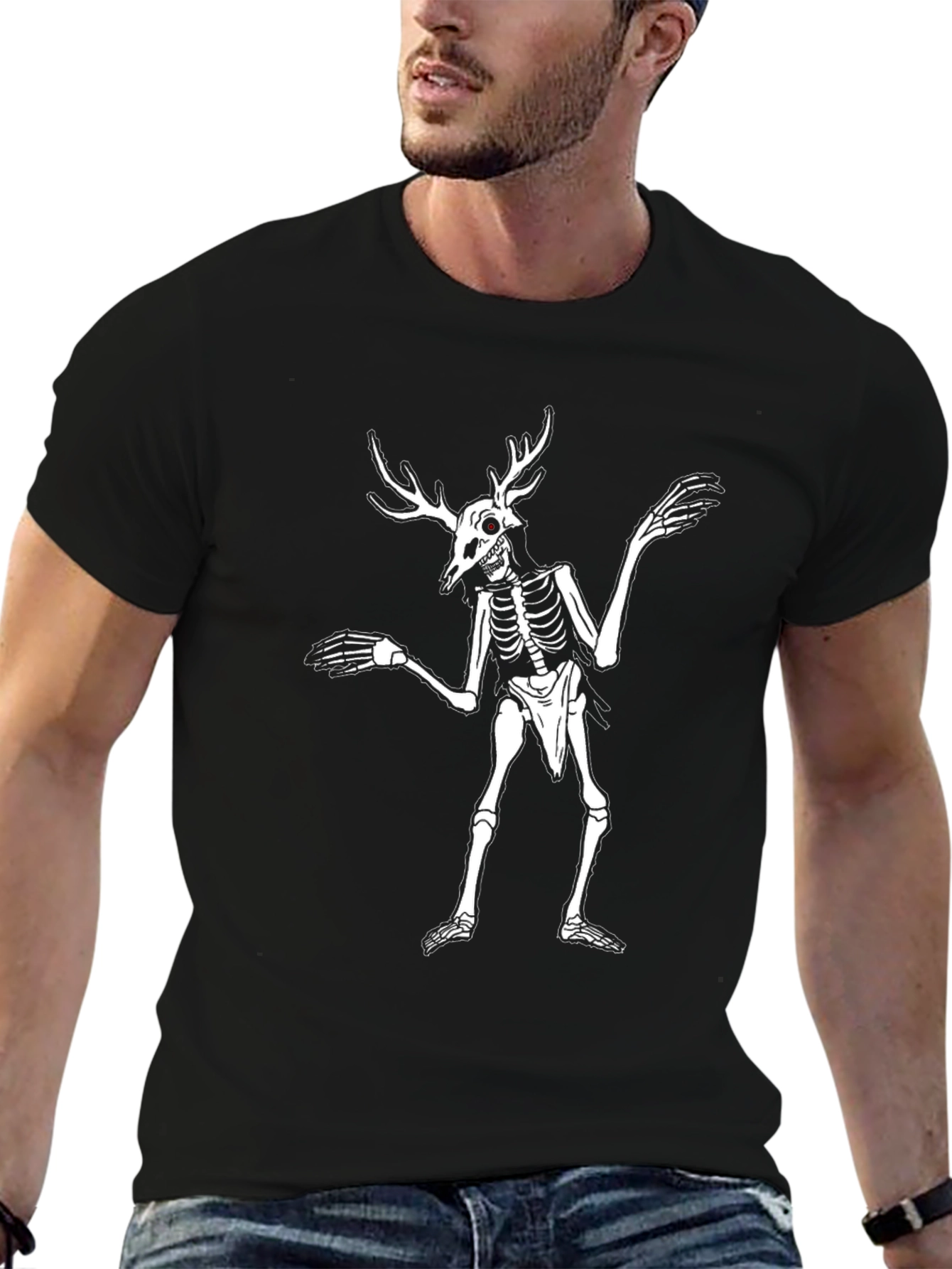 Skeleton Deer Antler Graphic T-Shirt - Black