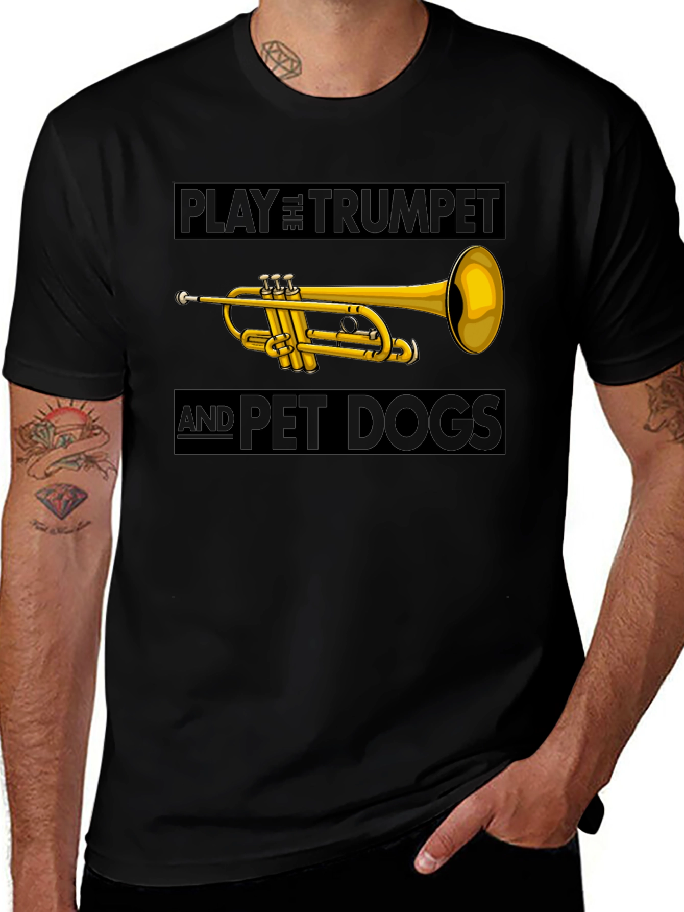 Play Trumpet and Pet Dogs Black T-Shirt