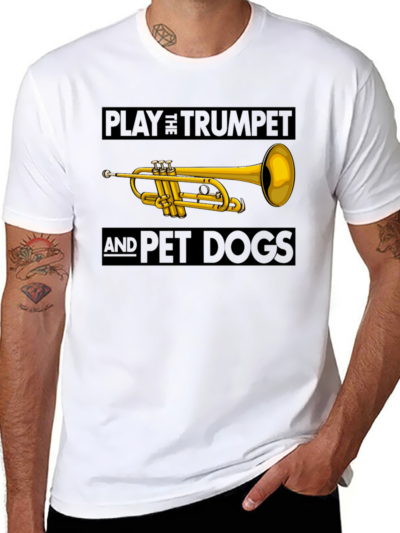 Play Trumpet and Pet Dogs Black T-Shirt
