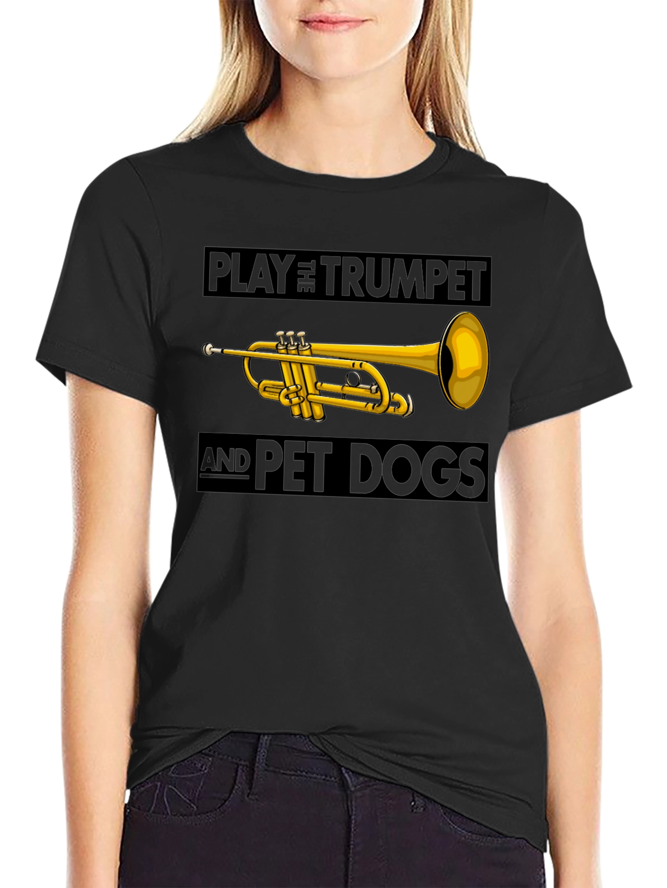 Play Trumpet and Pet Dogs Black T-Shirt