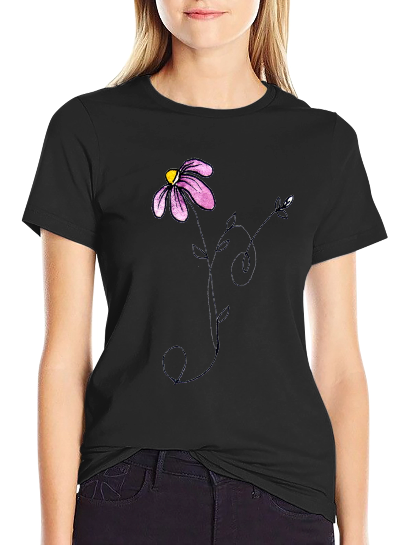 Black T-Shirt with Floral Graphic Print