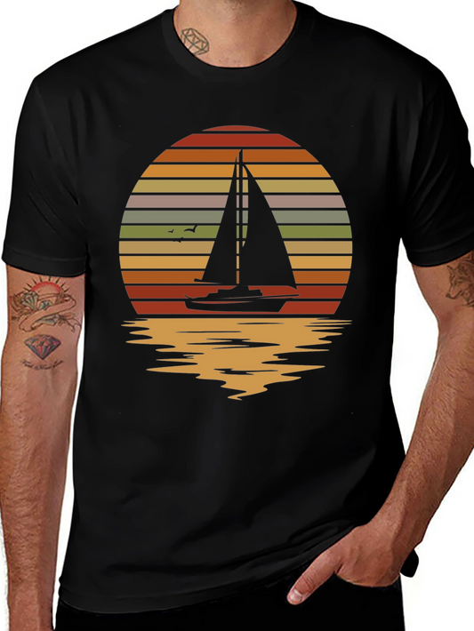 Sailboat Sunset Graphic Tee - Retro Style Black T-Shirt