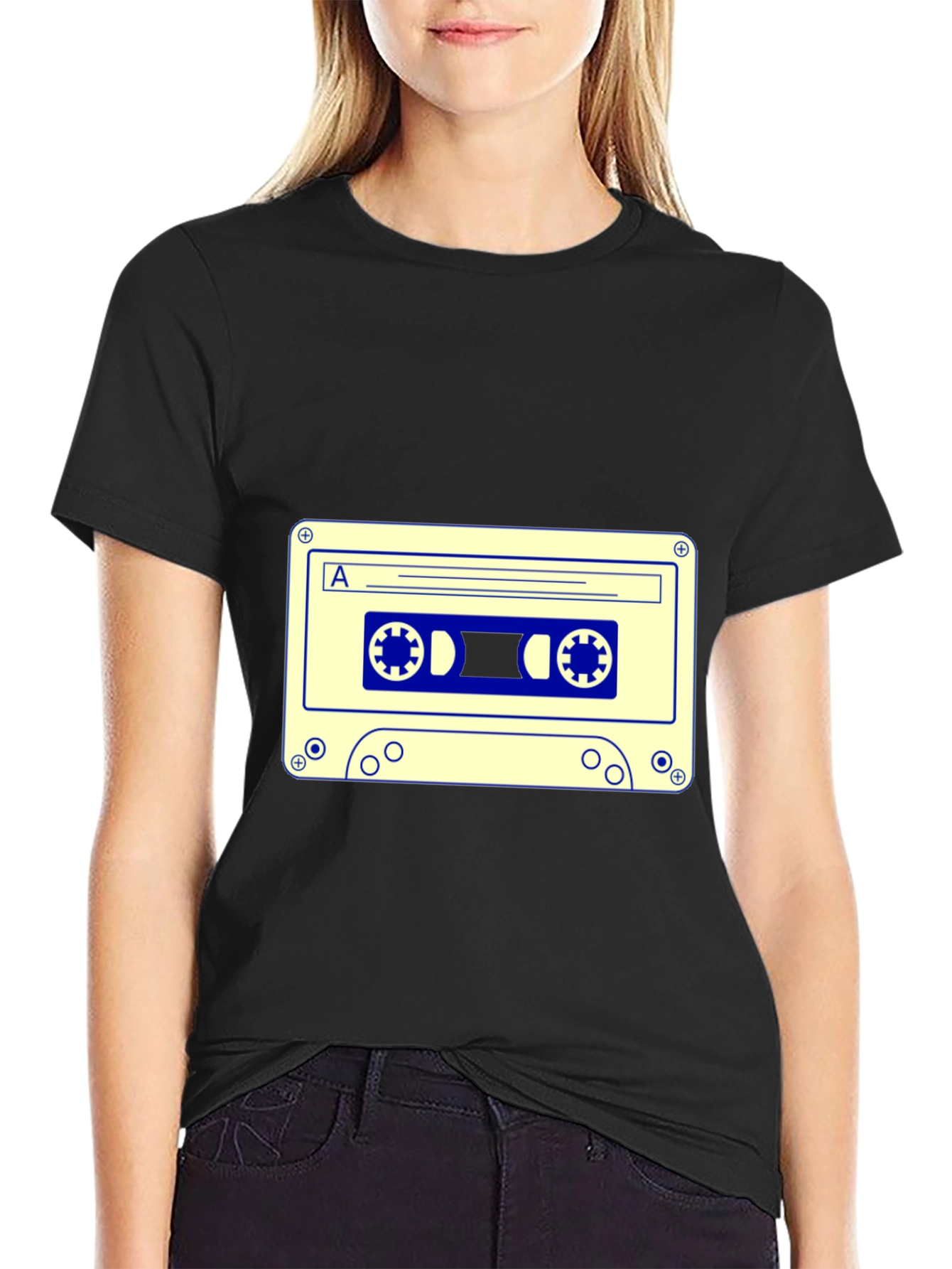 Retro Cassette Tape Graphic Tee - Black Cotton Blend