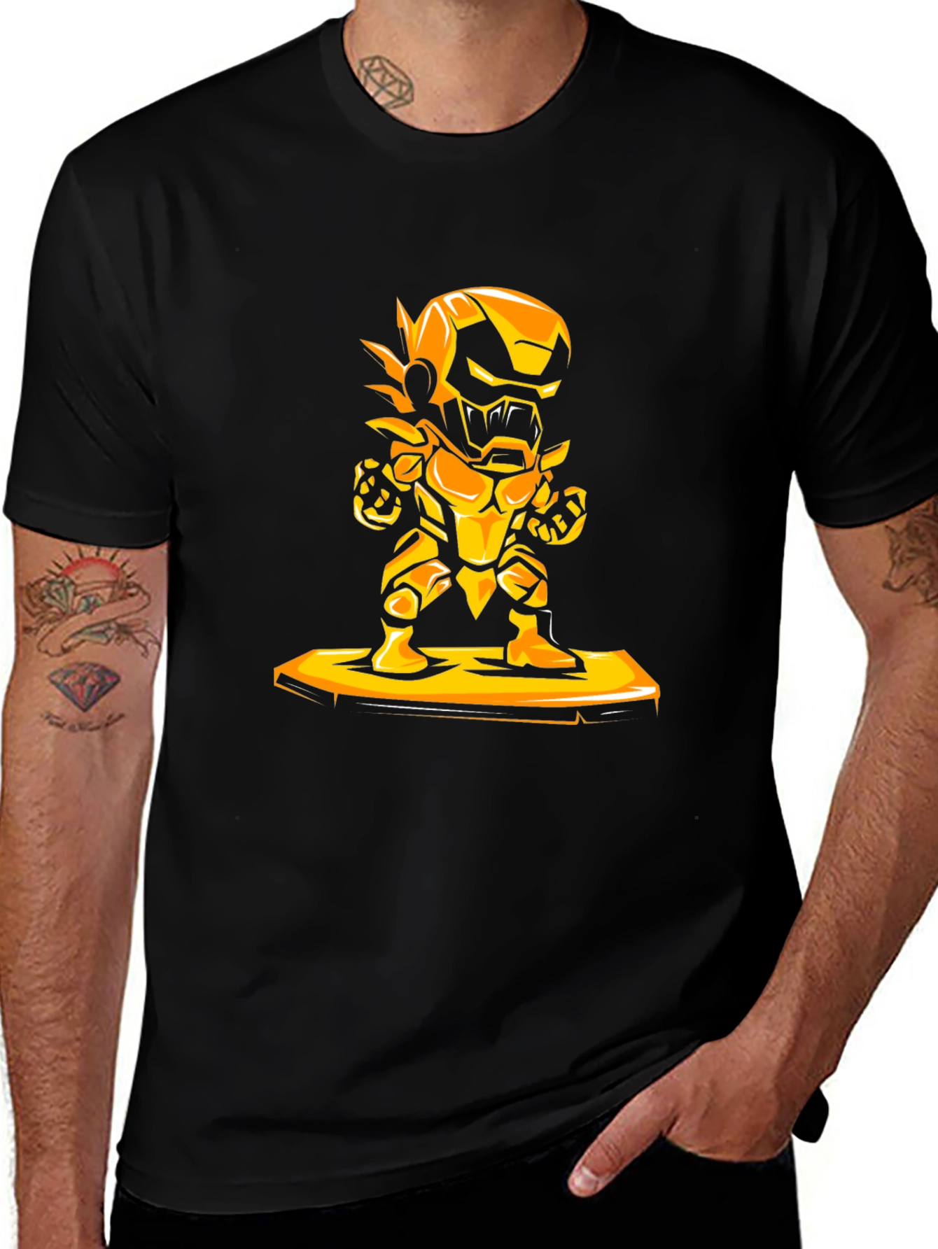 Heroic Gold Robot Graphic Black T-Shirt