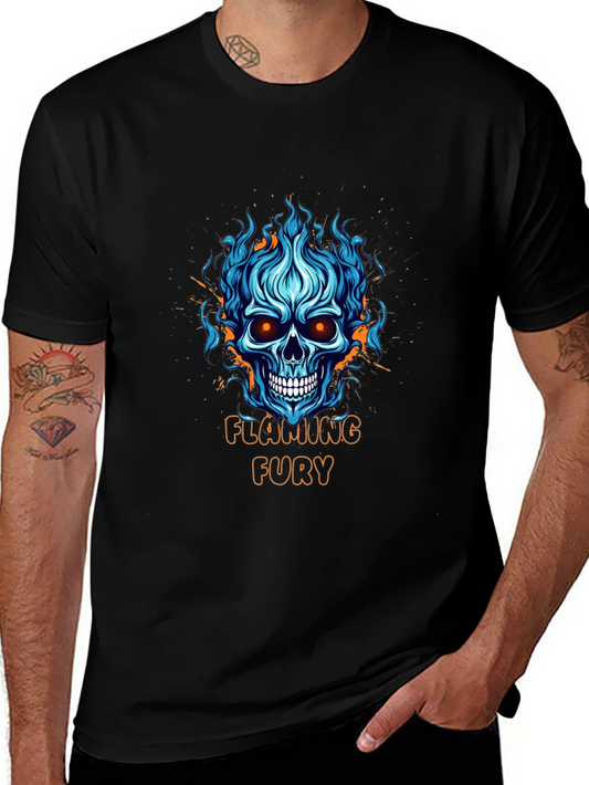 Flaming Fury Skull Graphic Black T-Shirt
