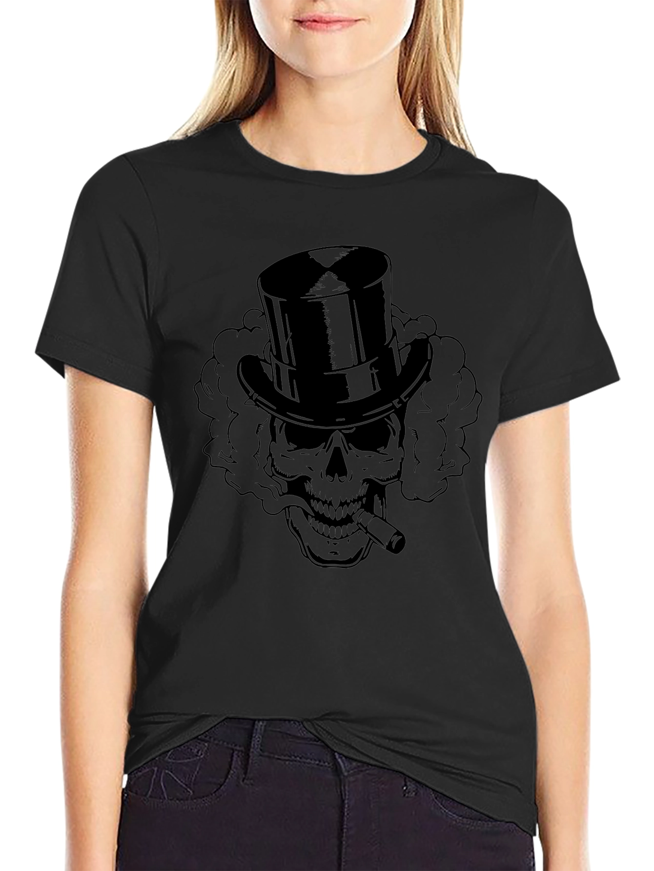 Skull in Top Hat Cigar Graphic T-Shirt