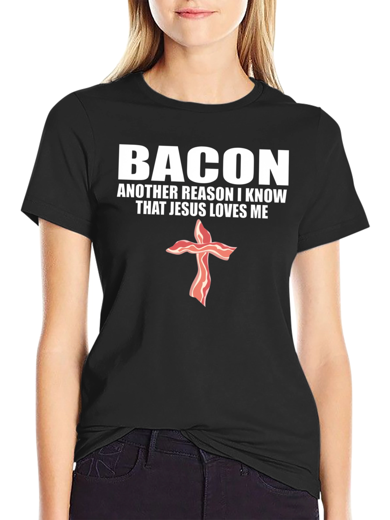 Bacon Jesus Loves Me Black T-Shirt