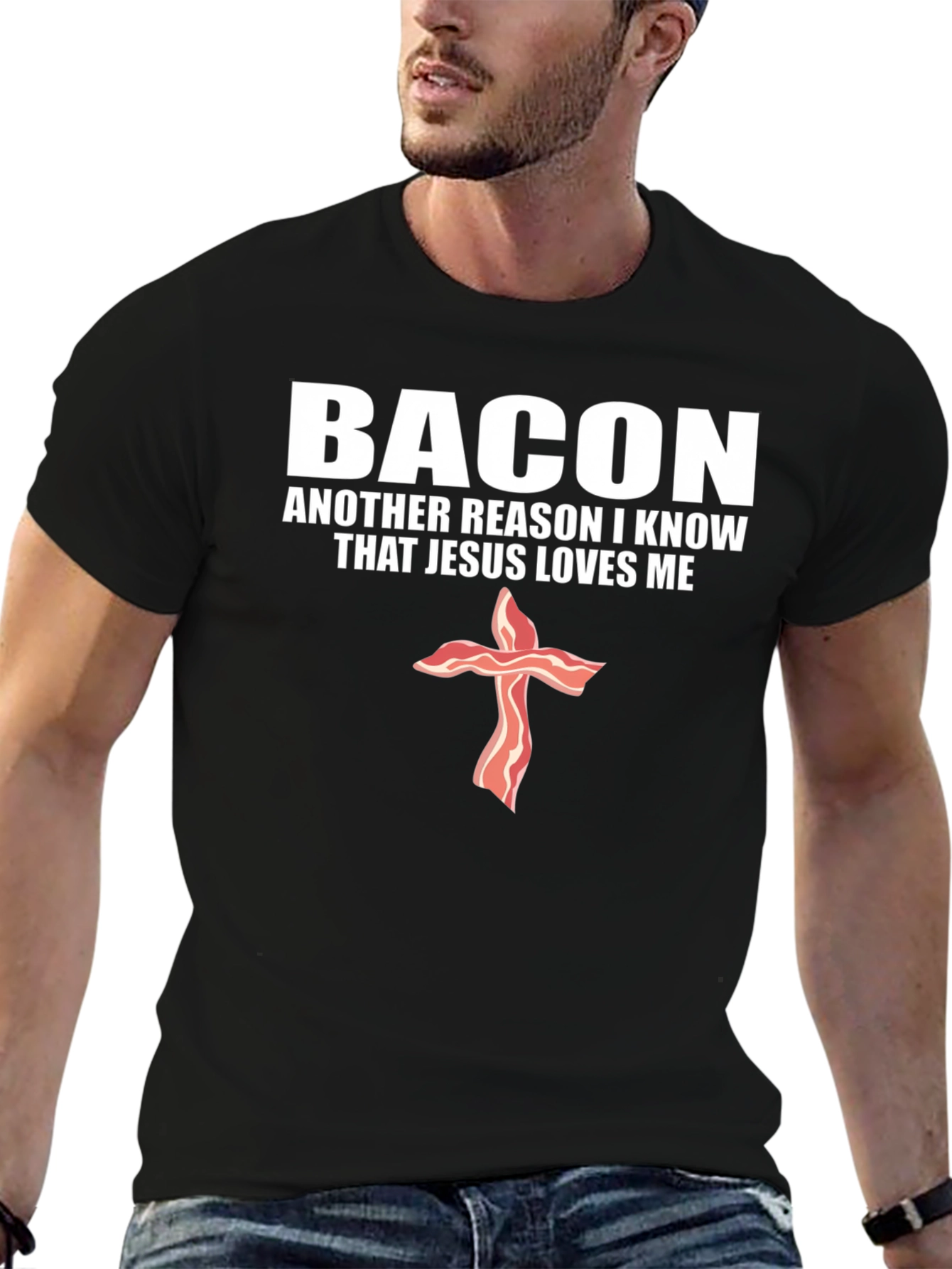 Bacon Jesus Loves Me Black T-Shirt
