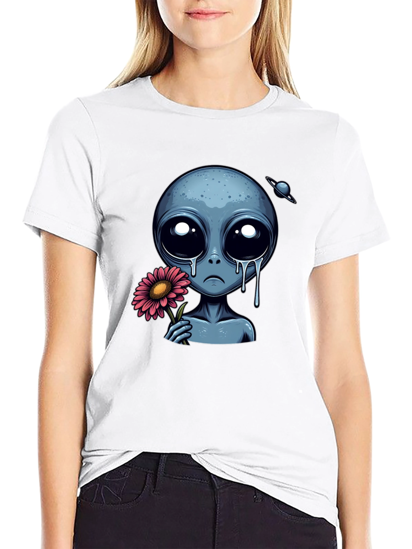 Sad Alien Flower Graphic T-Shirt