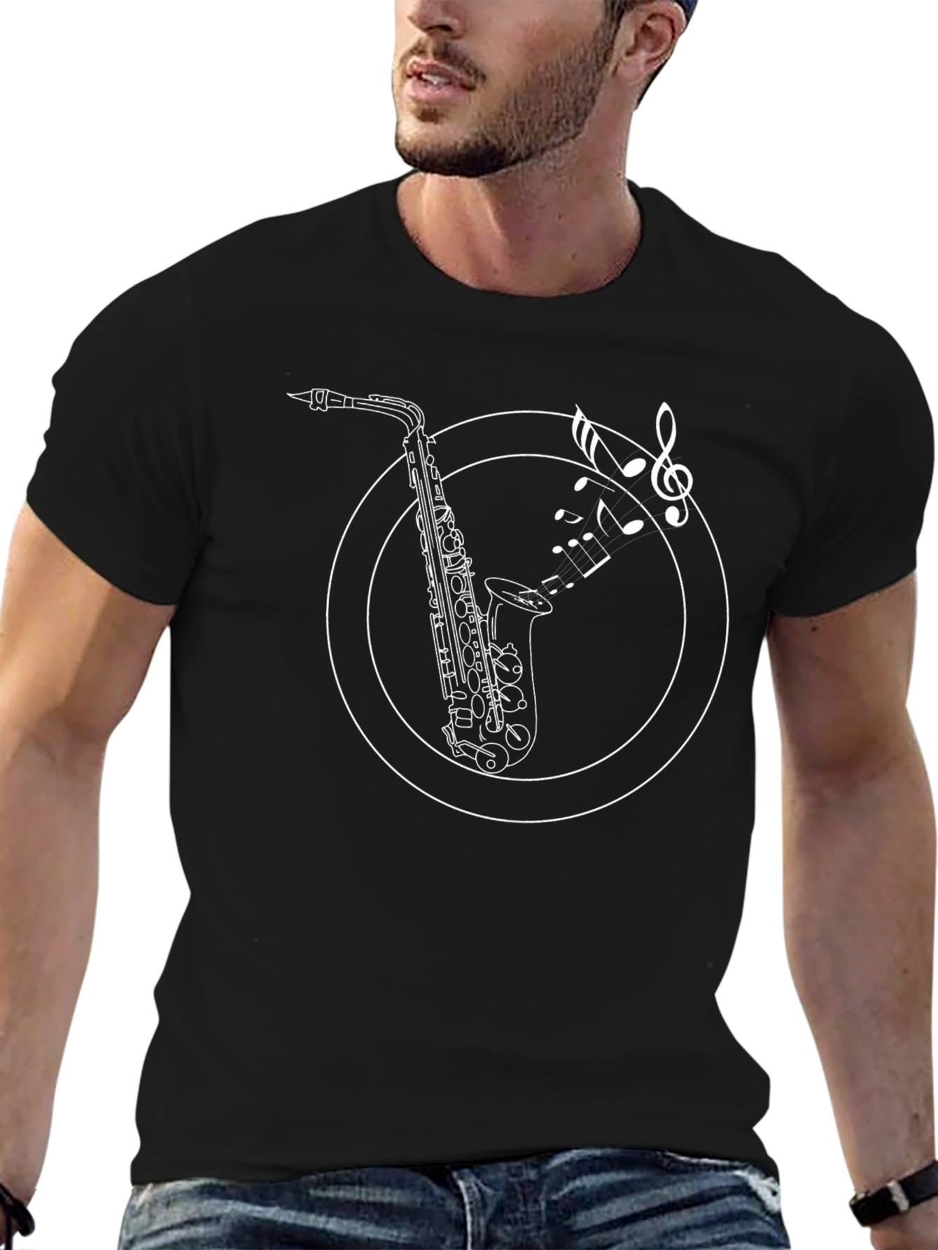 Saxophone Music Notes Graphic Tee - Black Cotton T-Shirt