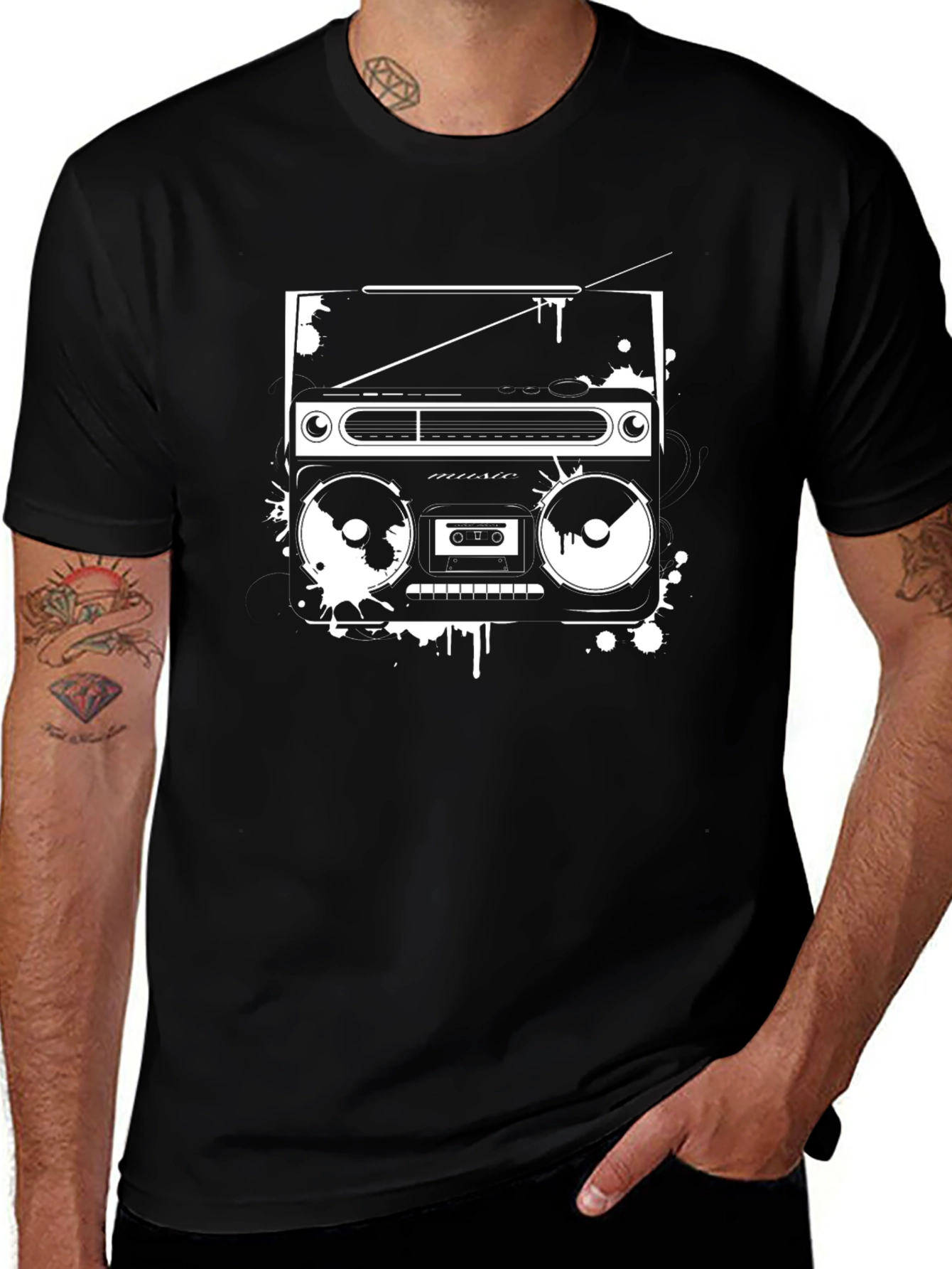 Retro Boombox Graphic Tee - Black Casual Shirt