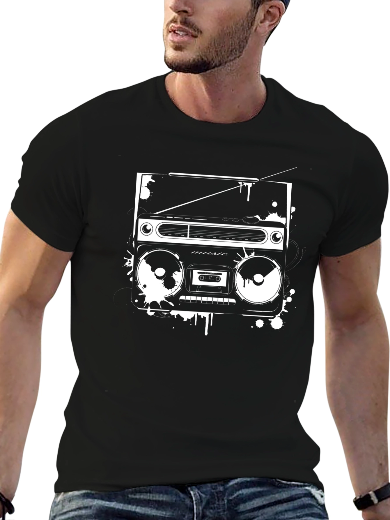 Retro Boombox Graphic Tee - Black Casual Shirt