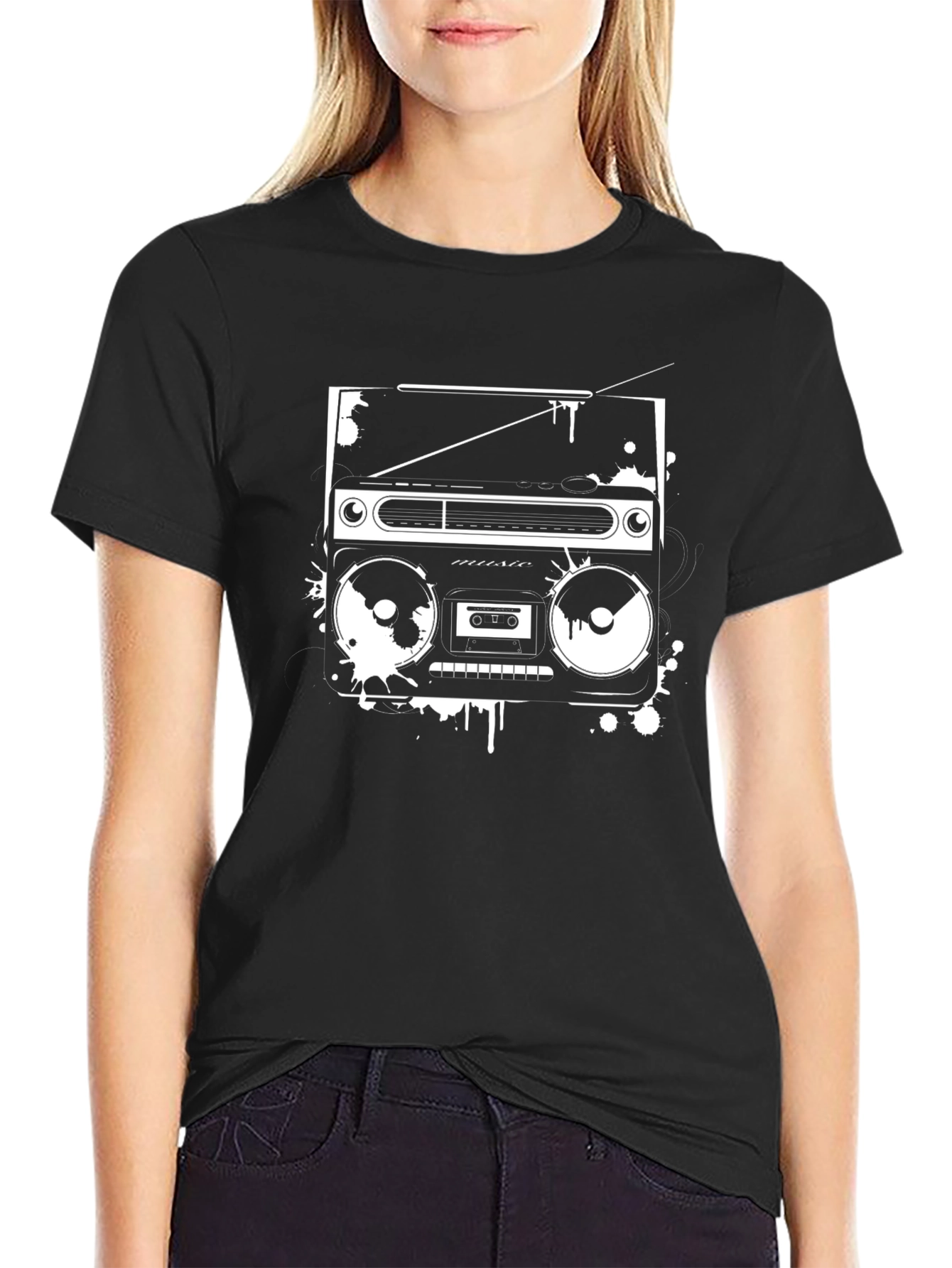 Retro Boombox Graphic Tee - Black Casual Shirt