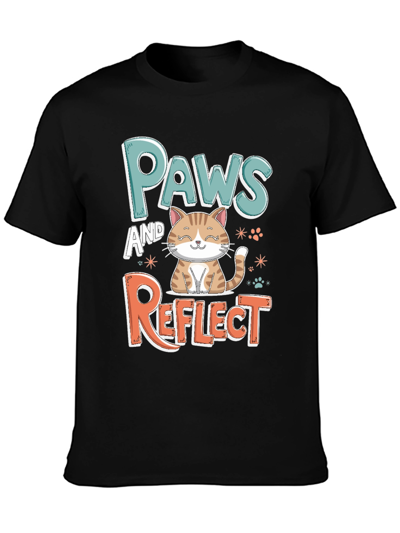 Paws and Reflect Cat Graphic Black T-Shirt