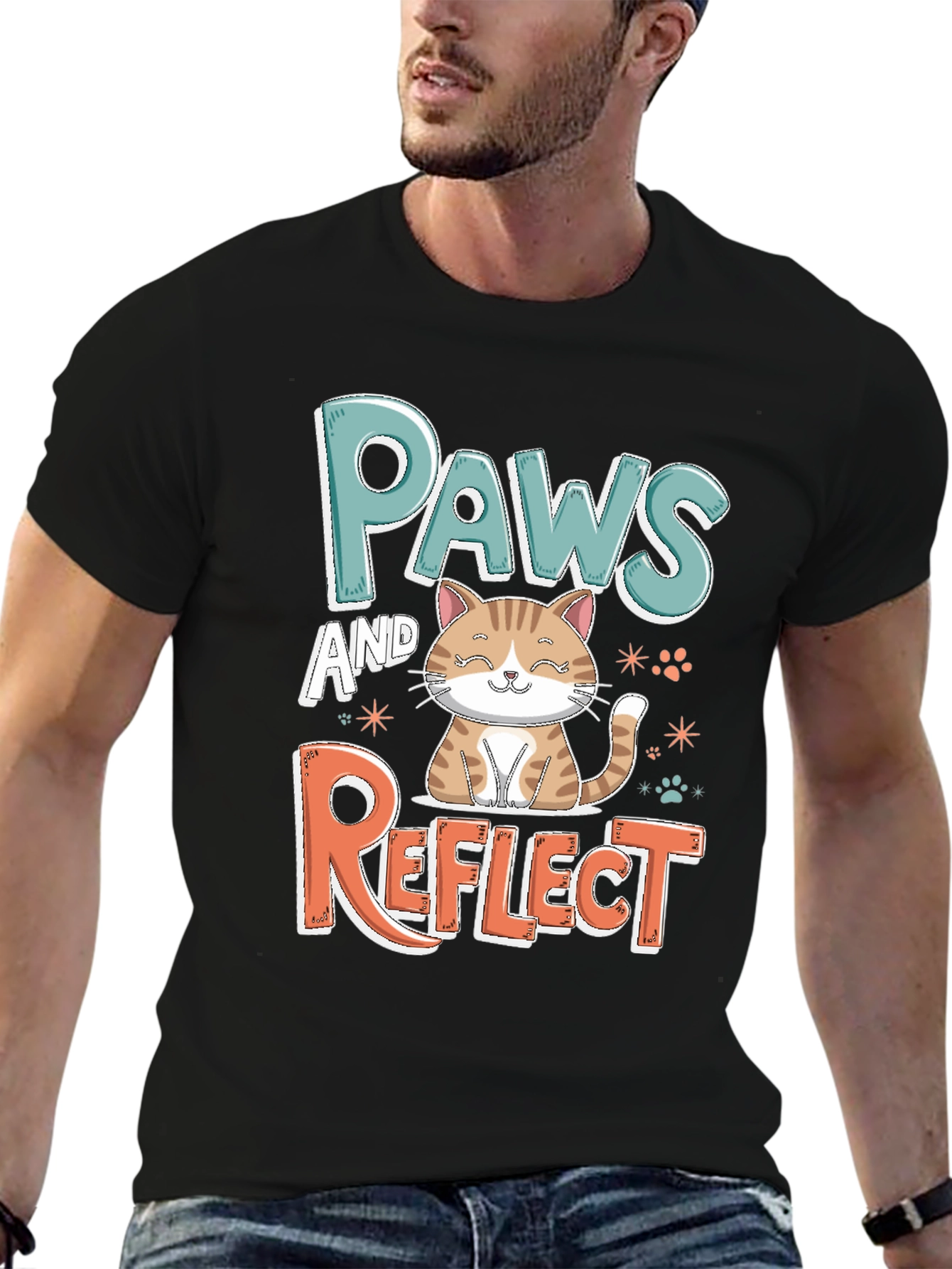 Paws and Reflect Cat Graphic Black T-Shirt