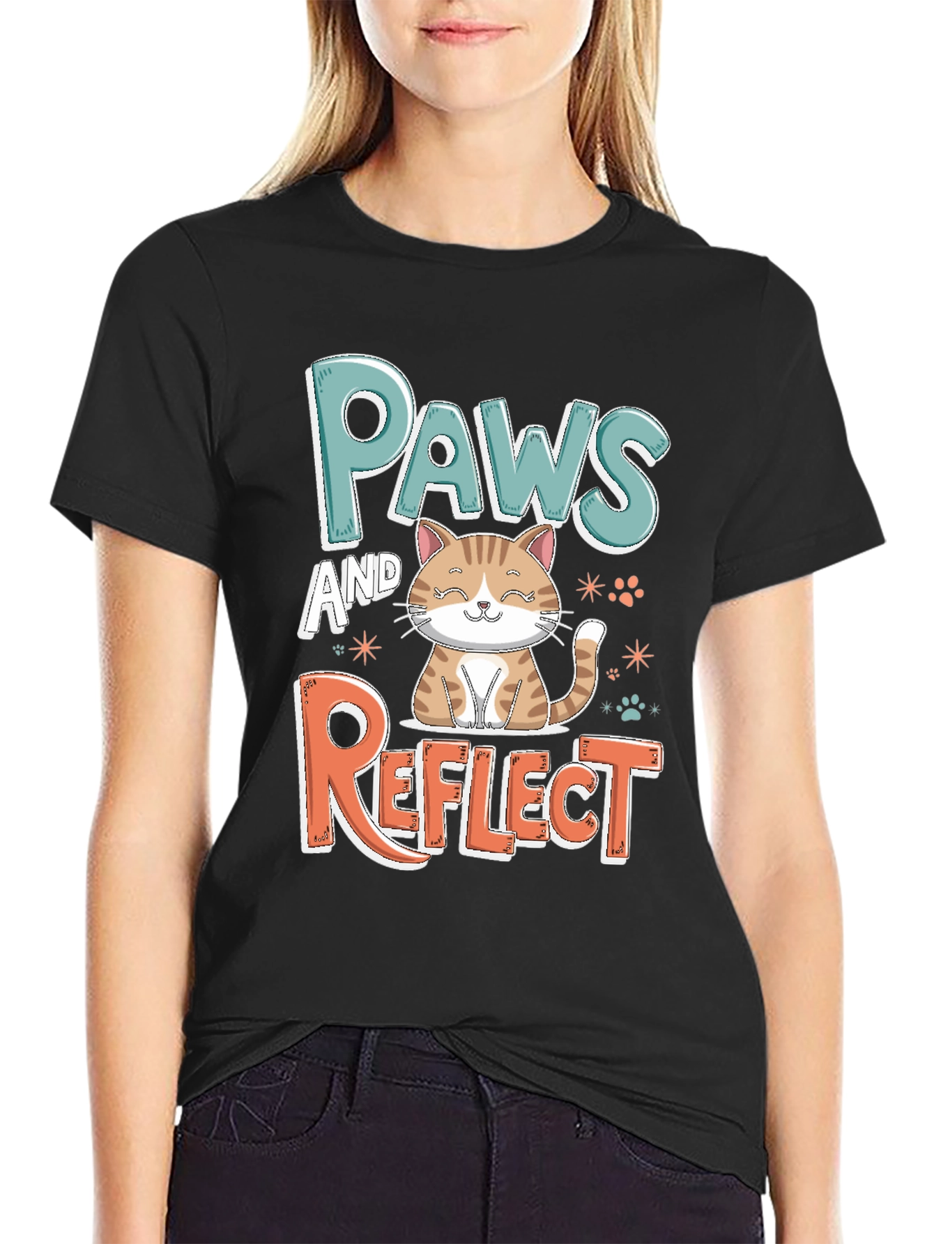 Paws and Reflect Cat Graphic Black T-Shirt