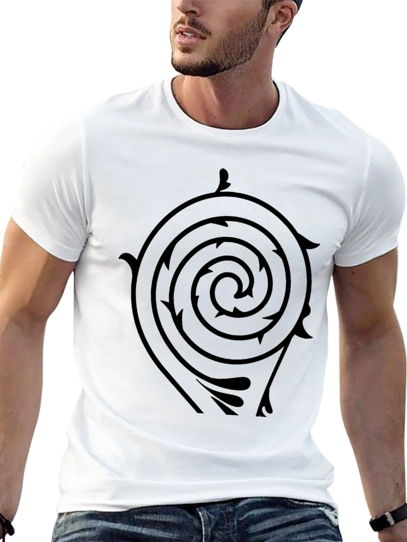 Black T-Shirt with Spiral Arrow Design