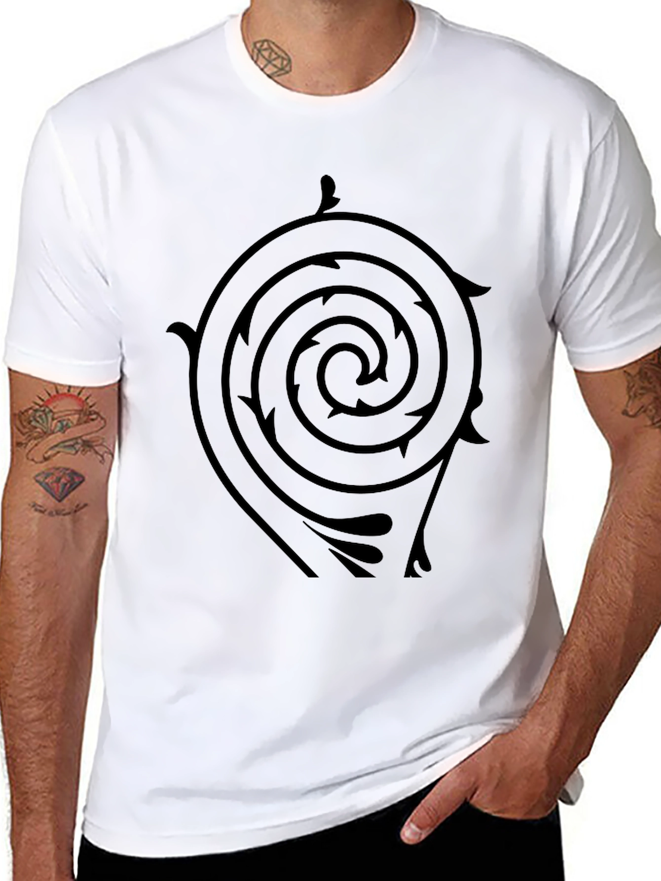 Black T-Shirt with Spiral Arrow Design