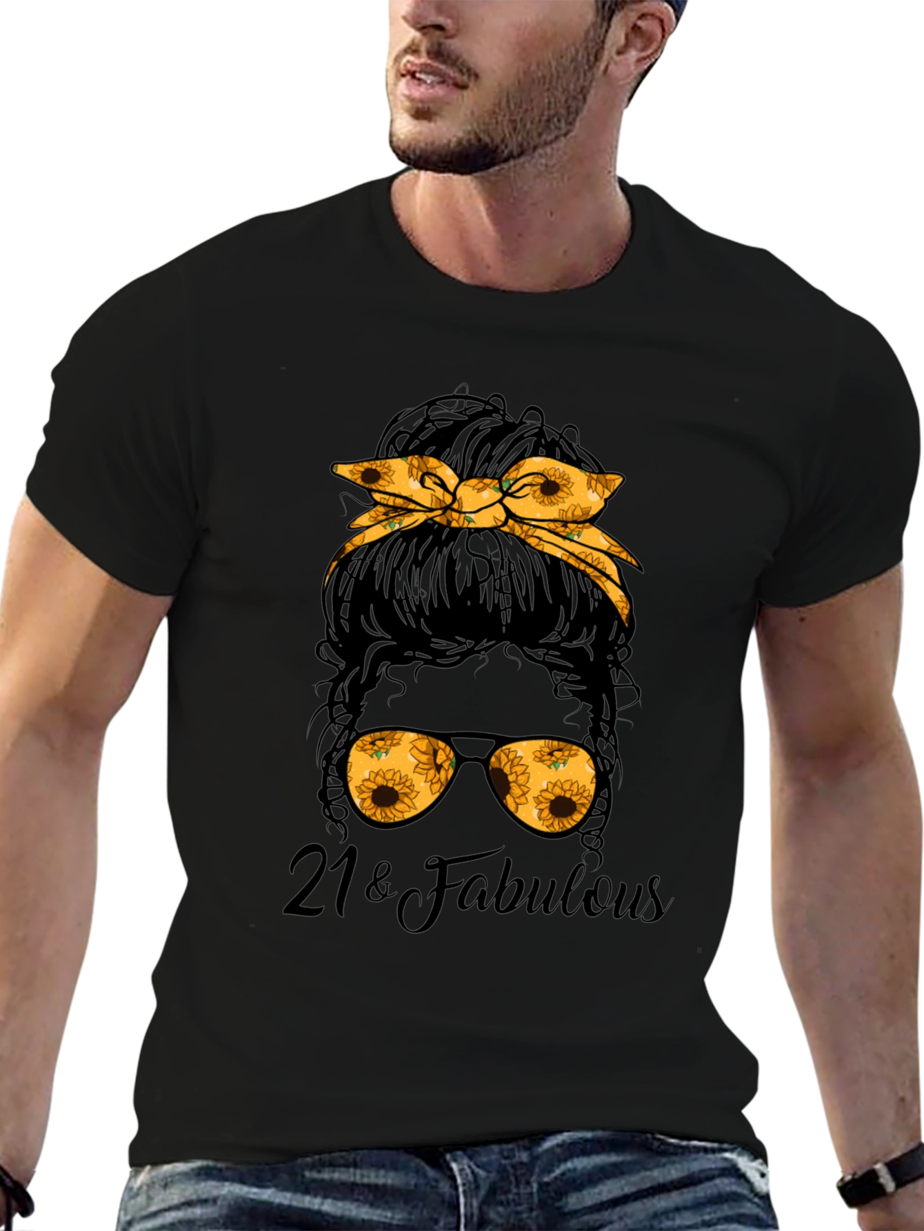 21 & Fabulous Messy Bun Sunflower Graphic Tee