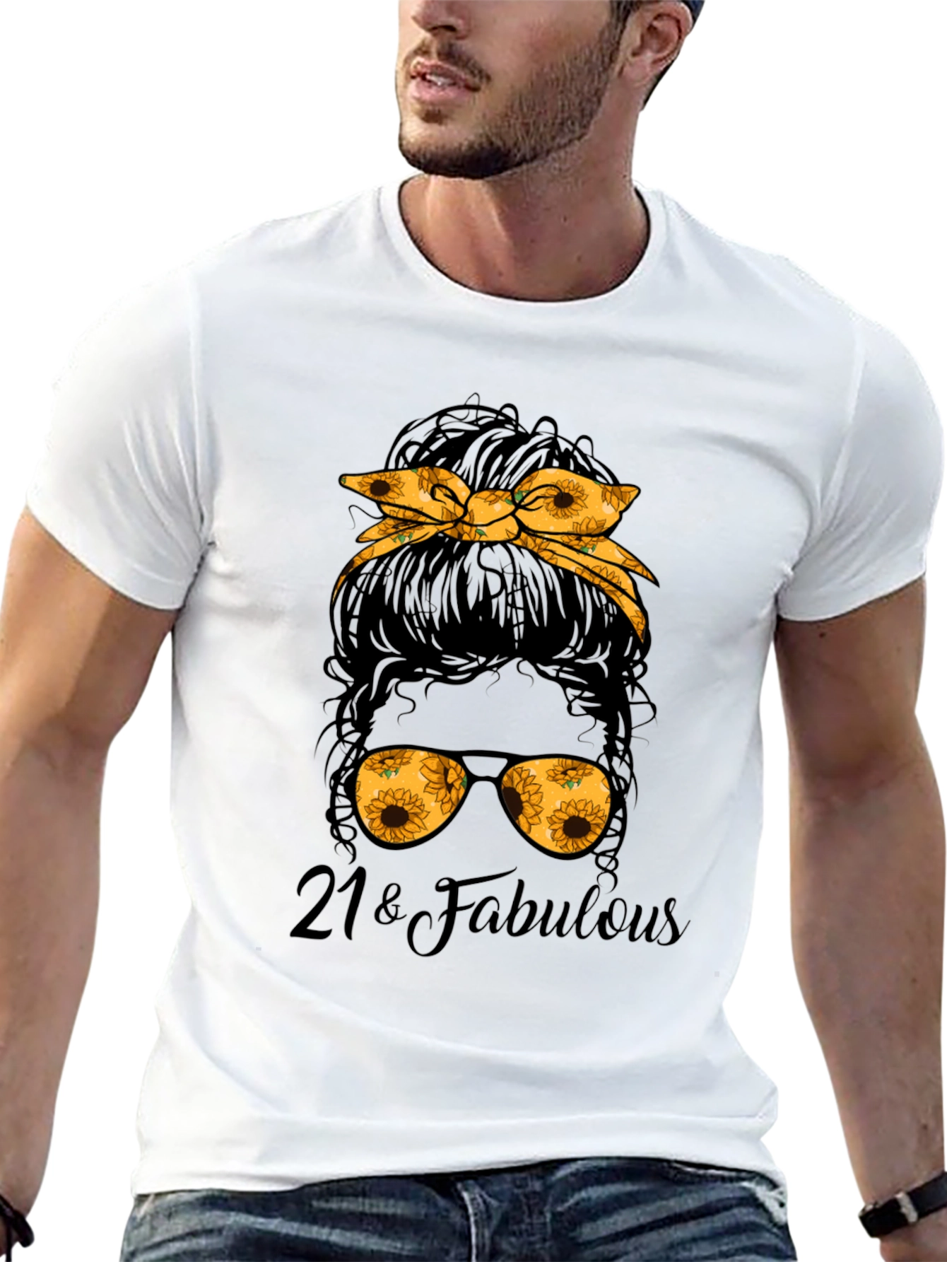 21 & Fabulous Messy Bun Sunflower Graphic Tee