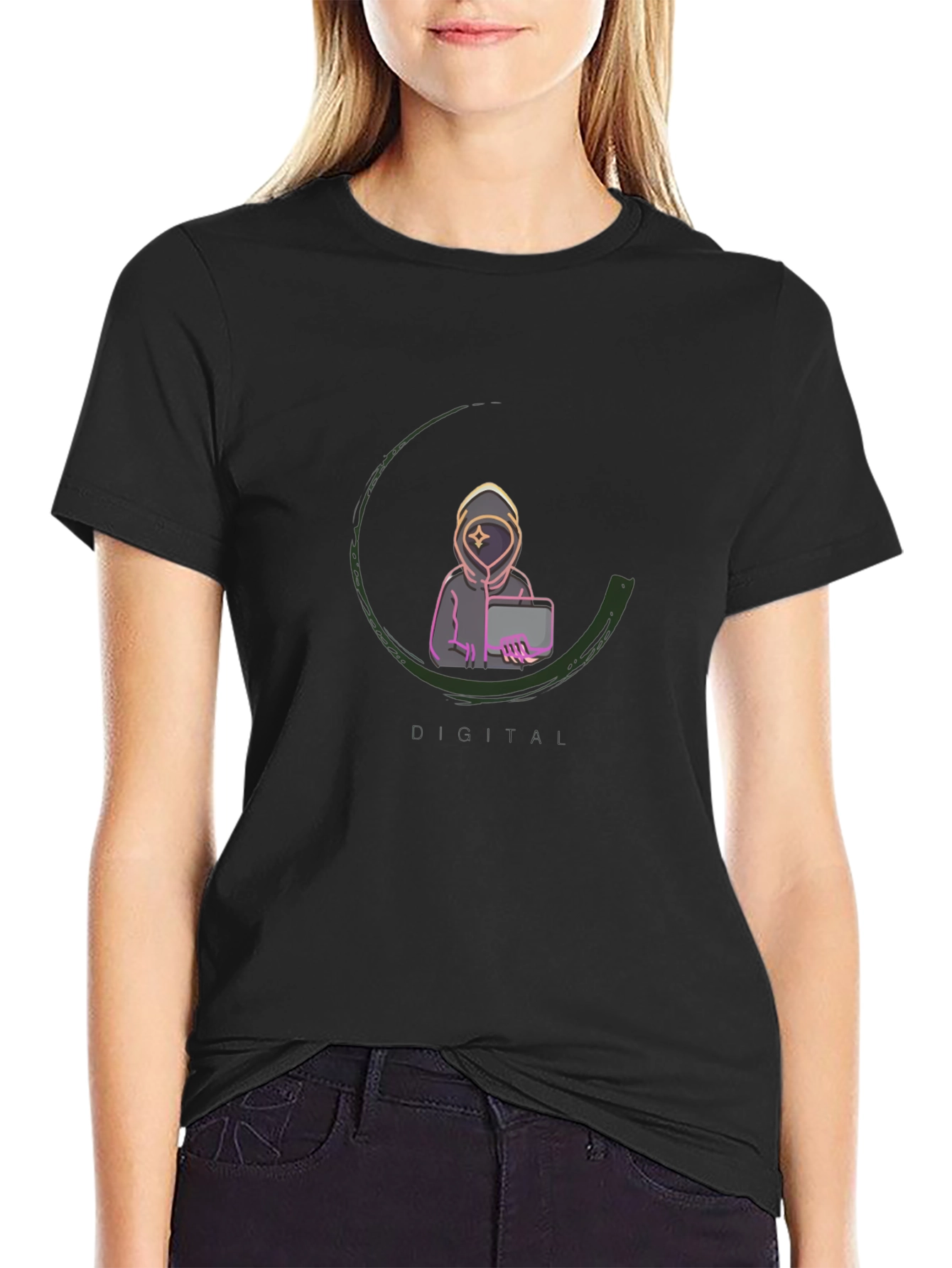 Digital AI Graphic Tee - Black Cotton Blend