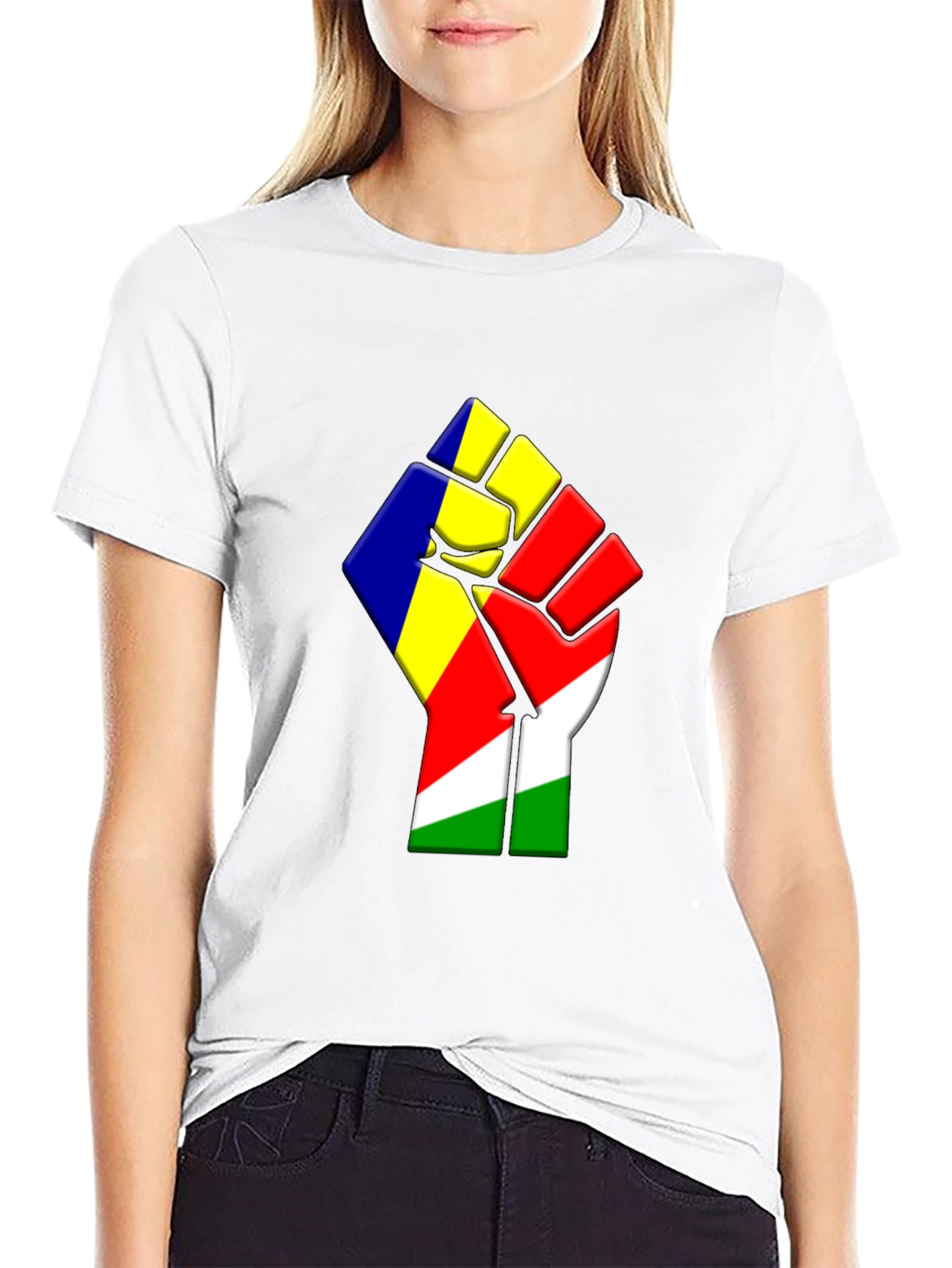 Seychelles Flag Fist Graphic Black T-Shirt