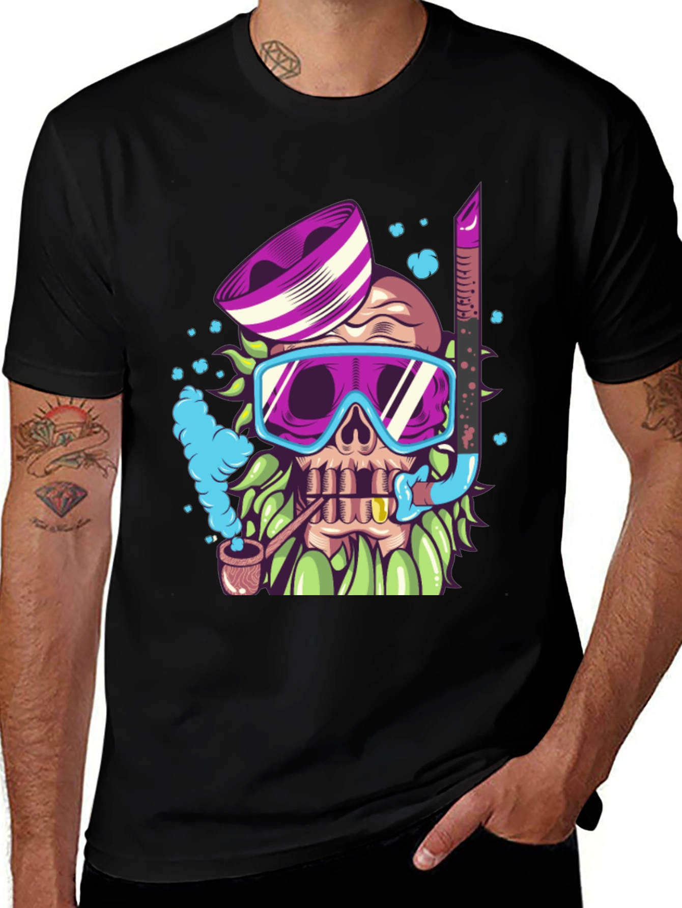 Diver Skull Graphic Tee - Black Cotton T-Shirt