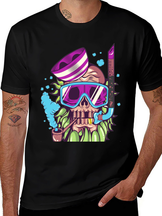 Diver Skull Graphic Tee - Black Cotton T-Shirt