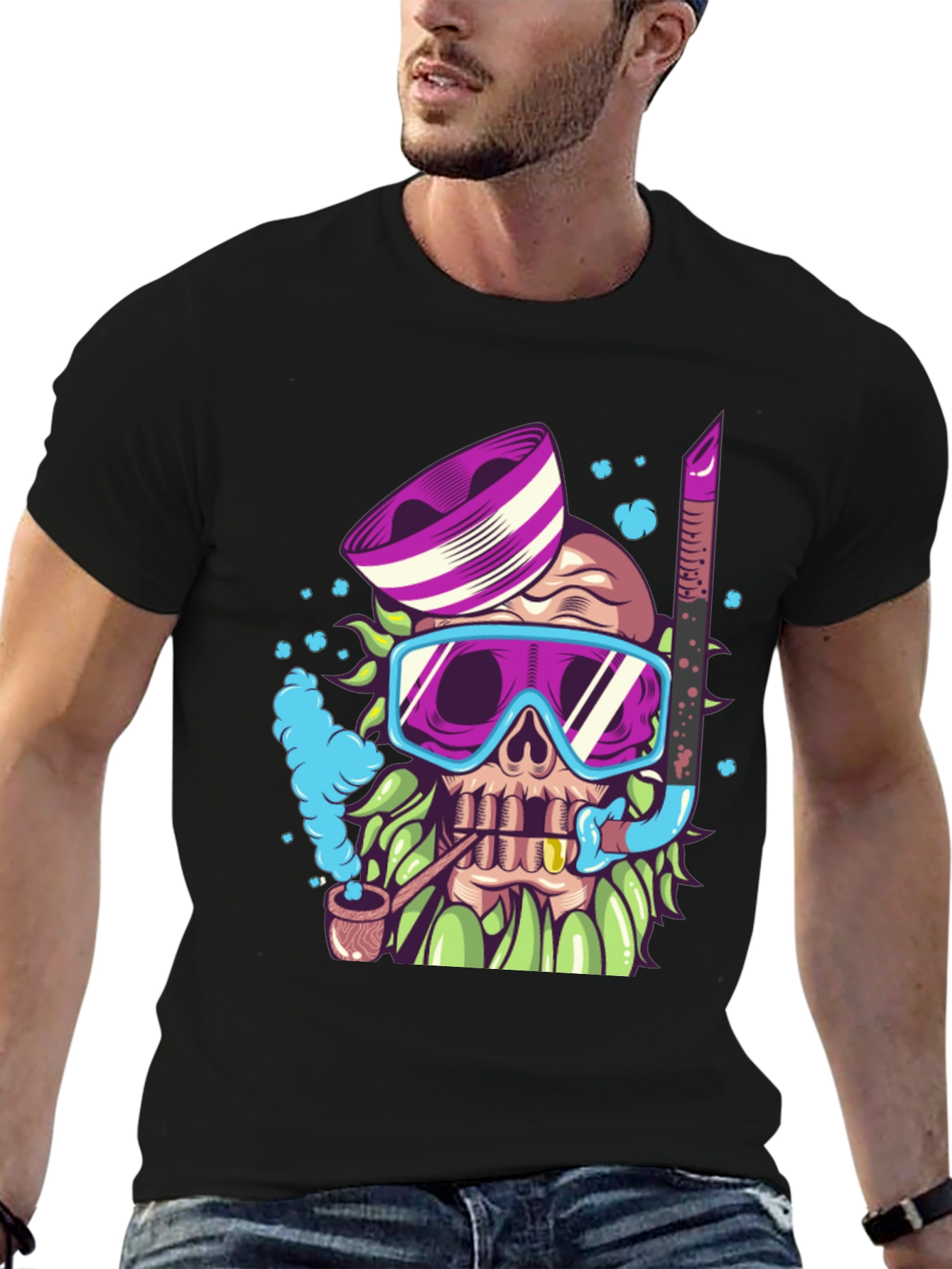 Diver Skull Graphic Tee - Black Cotton T-Shirt