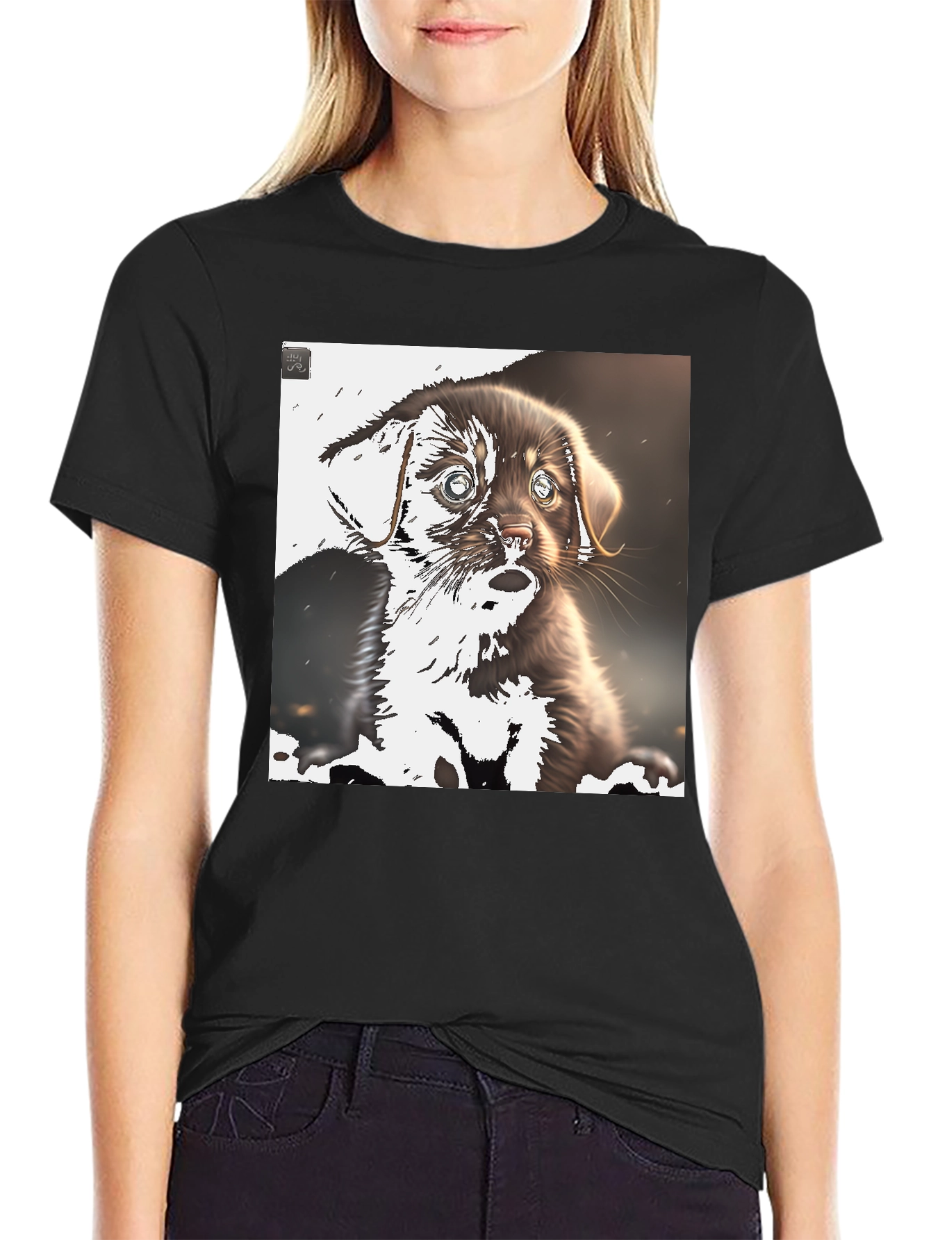 Cute Puppy Graphic Tee - Black Casual T-Shirt