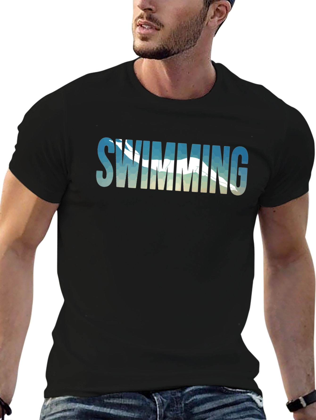 Swimming Graphic Tee - Black Cotton T-Shirt