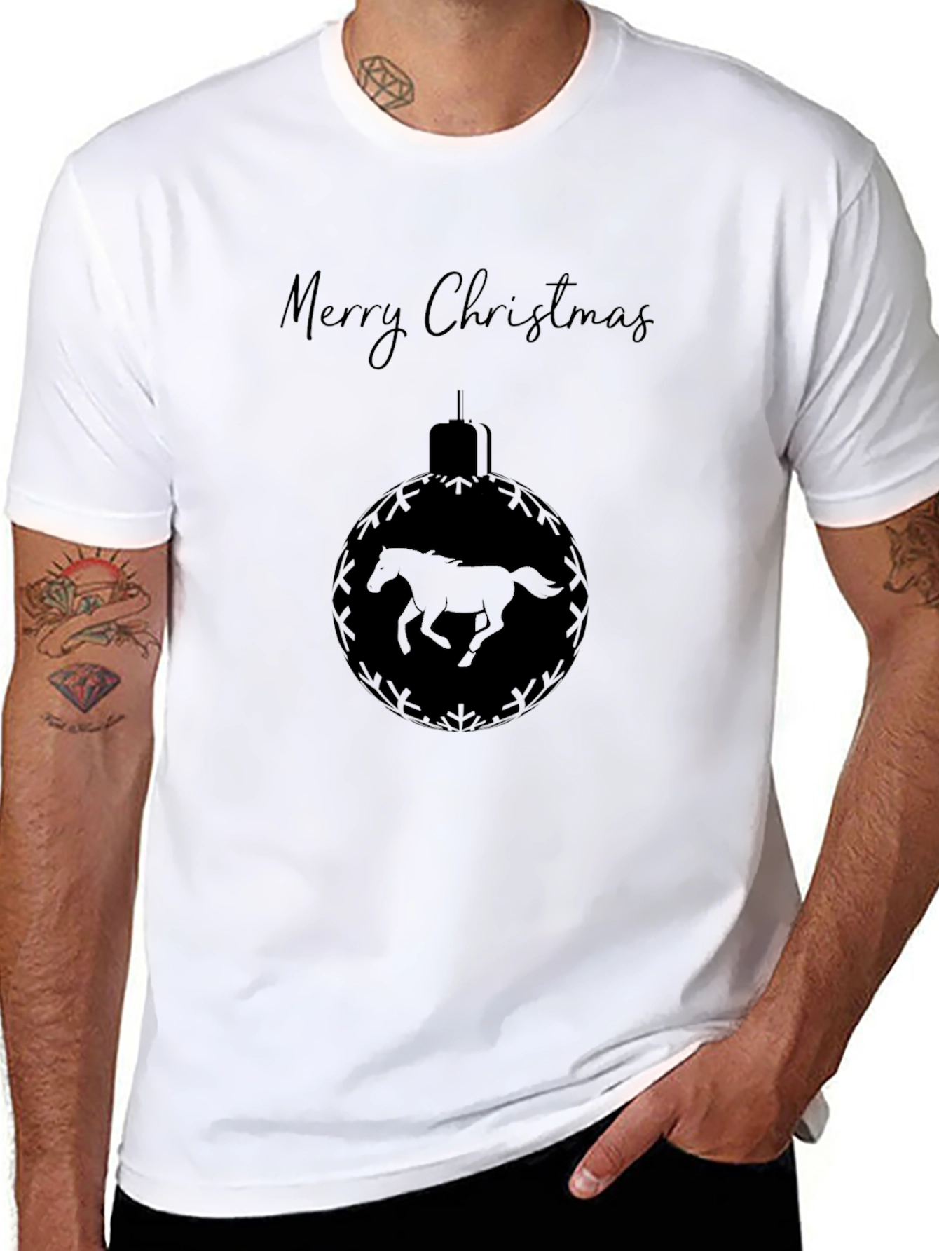 Merry Christmas Horse Ornament Black T-Shirt