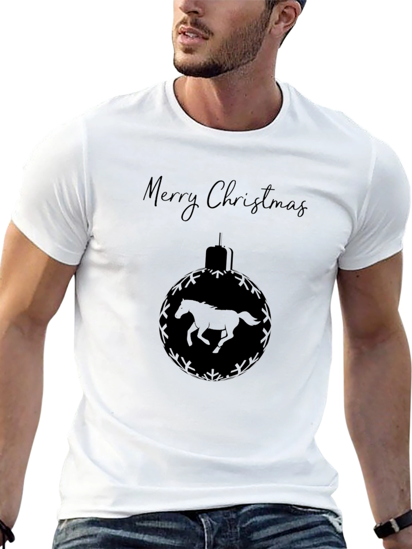 Merry Christmas Horse Ornament Black T-Shirt