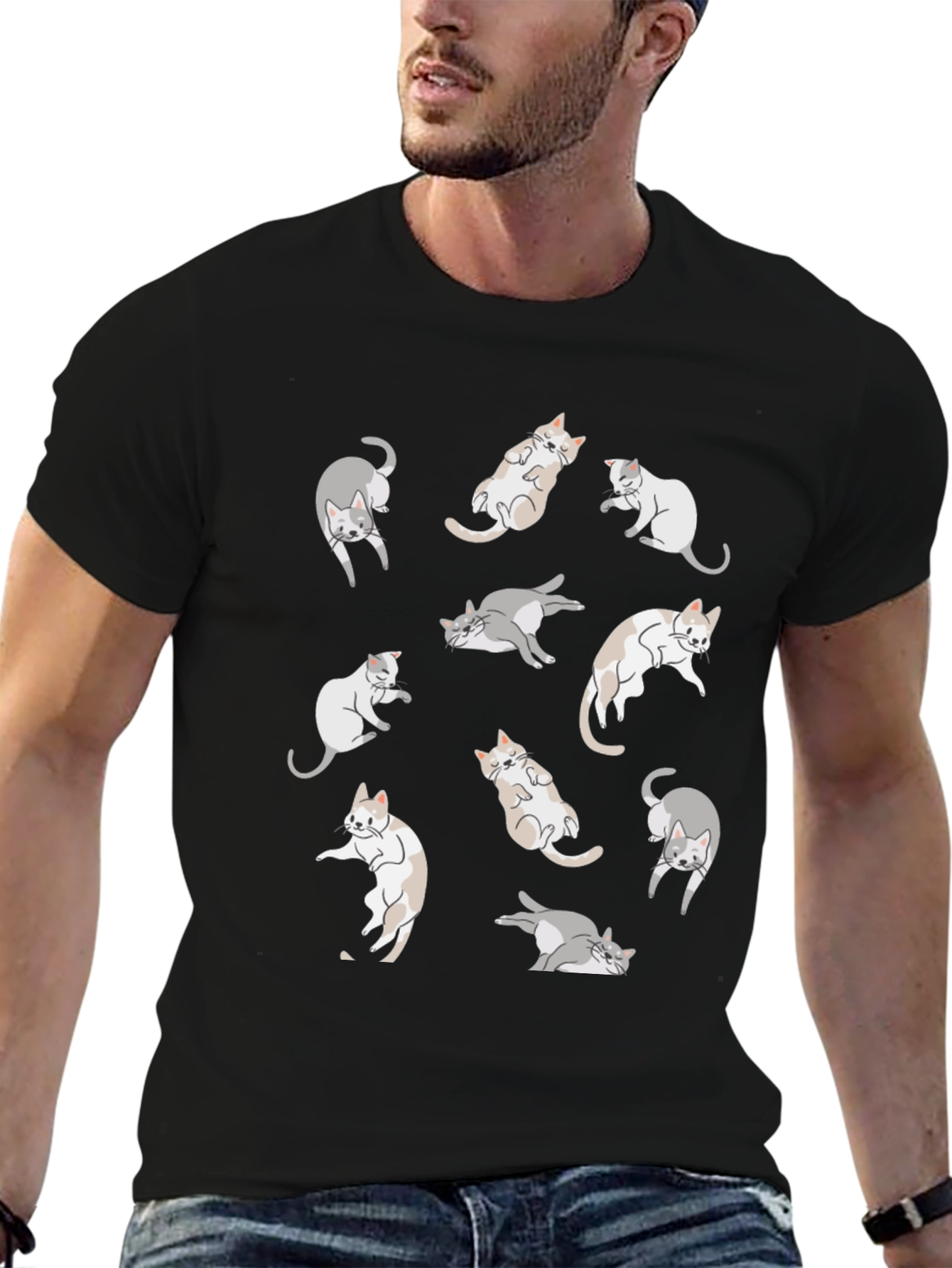 Cats Pattern T-Shirt - Black Casual Wear