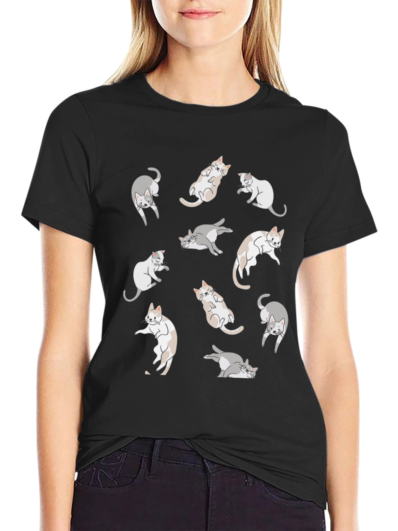Cats Pattern T-Shirt - Black Casual Wear