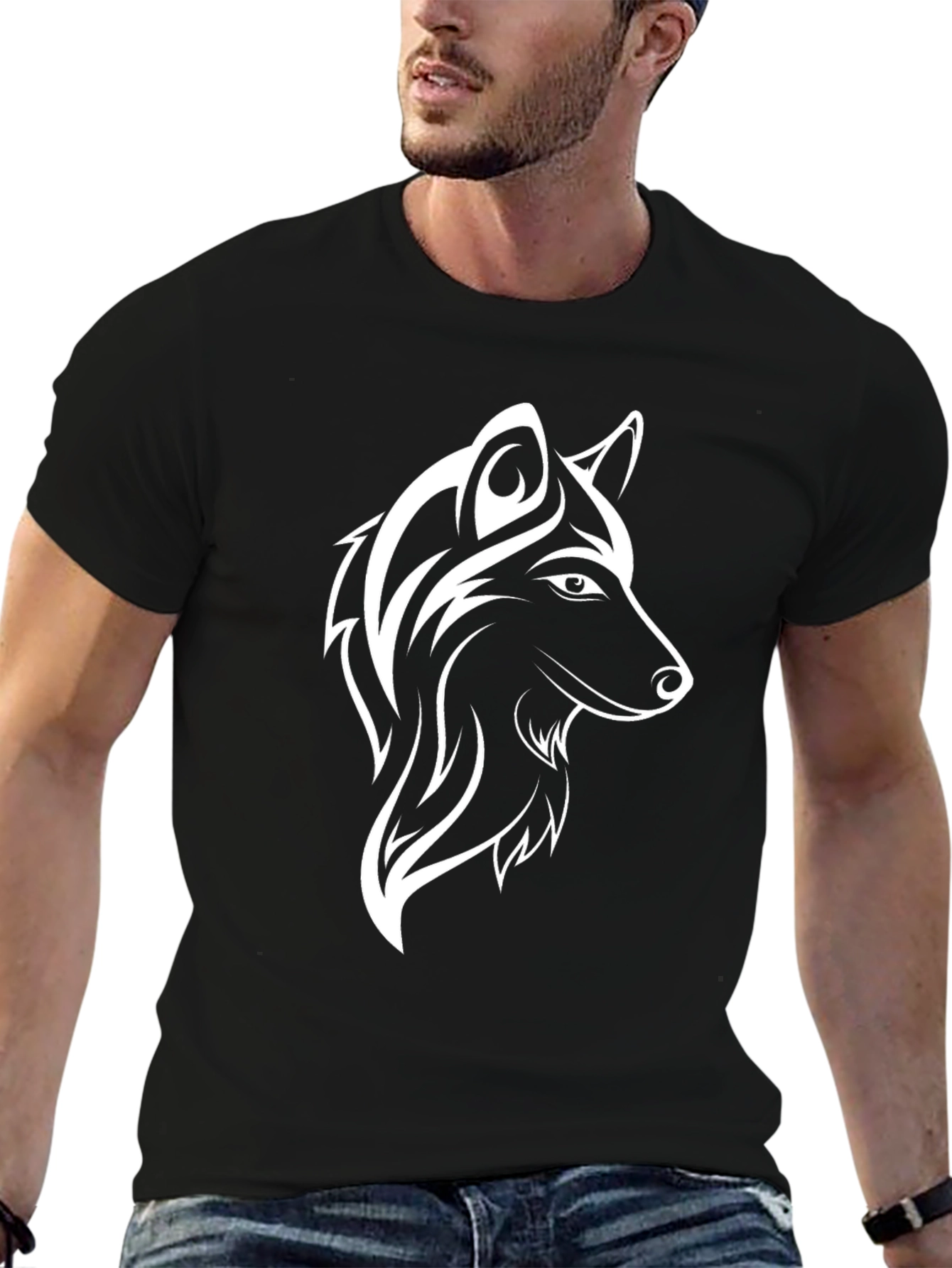 Black T-Shirt with White Wolf Graphic
