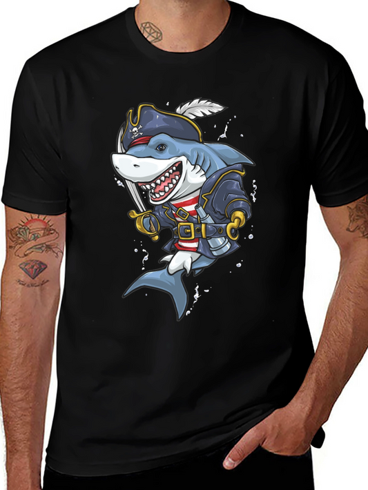 Pirate Shark Graphic Tee - Black Cotton T-Shirt