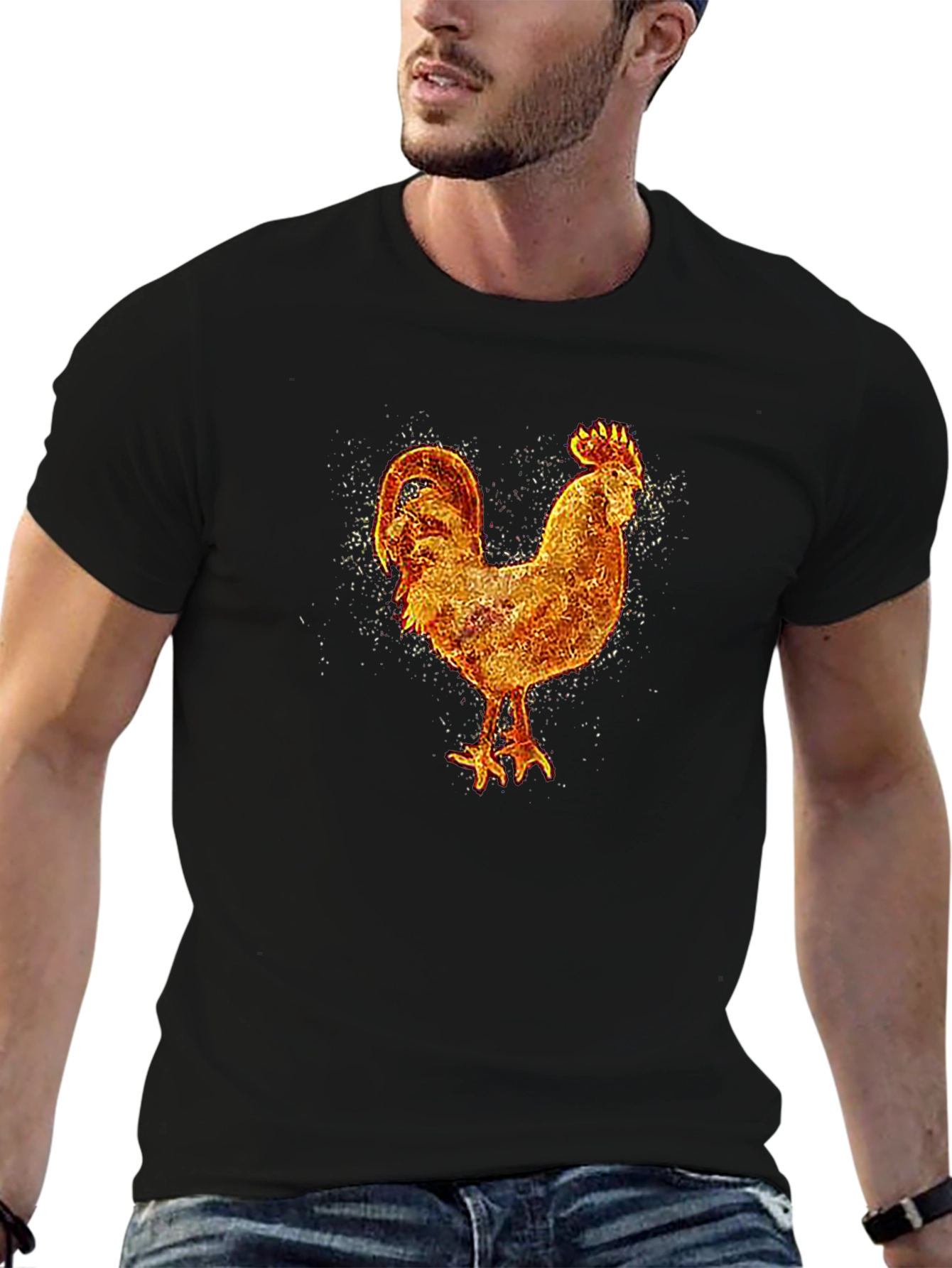 Fiery Rooster Graphic Tee - Black Cotton T-Shirt