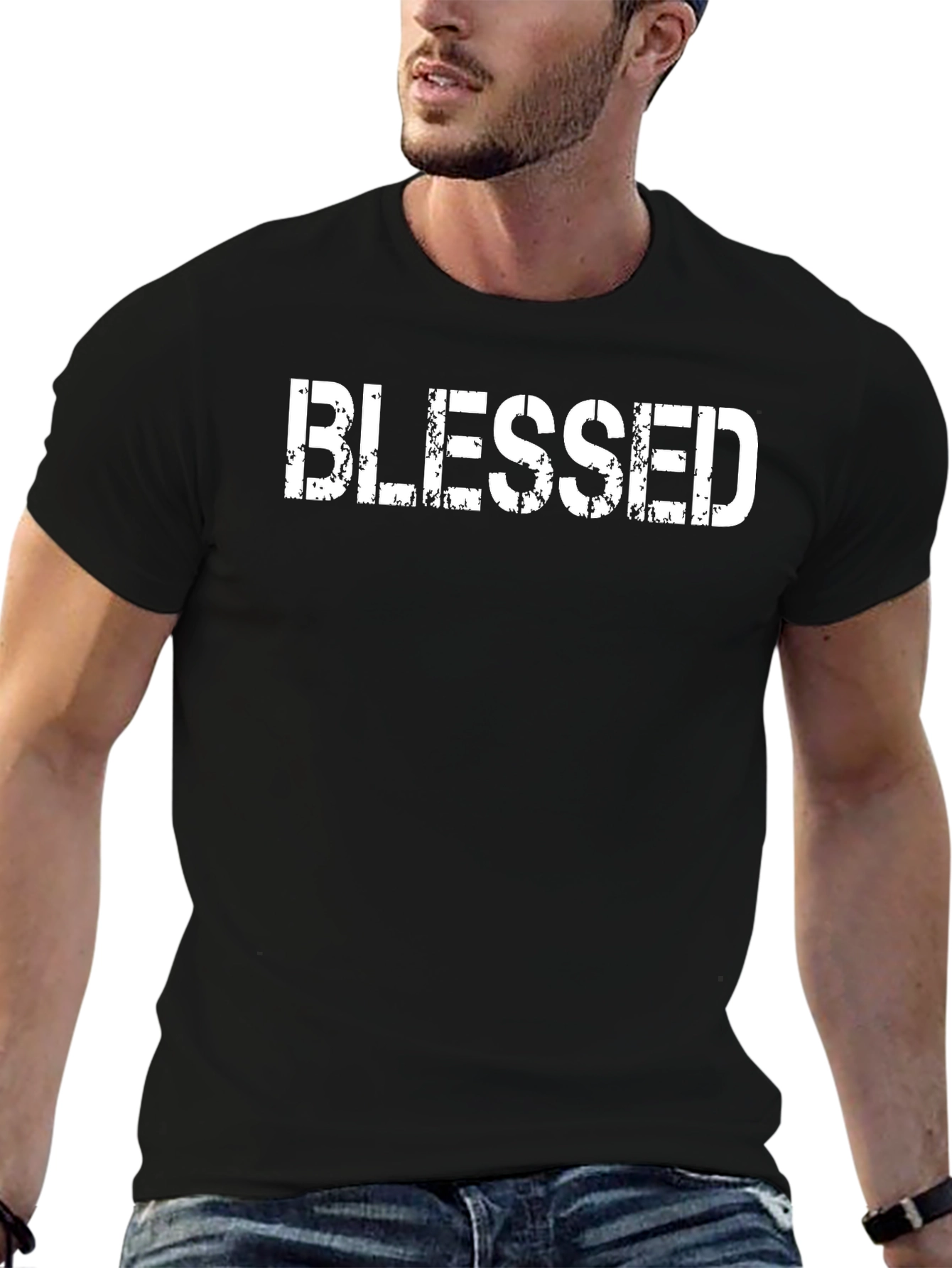 Blessed Graphic Tee - Distressed Print Black Casual Shirt