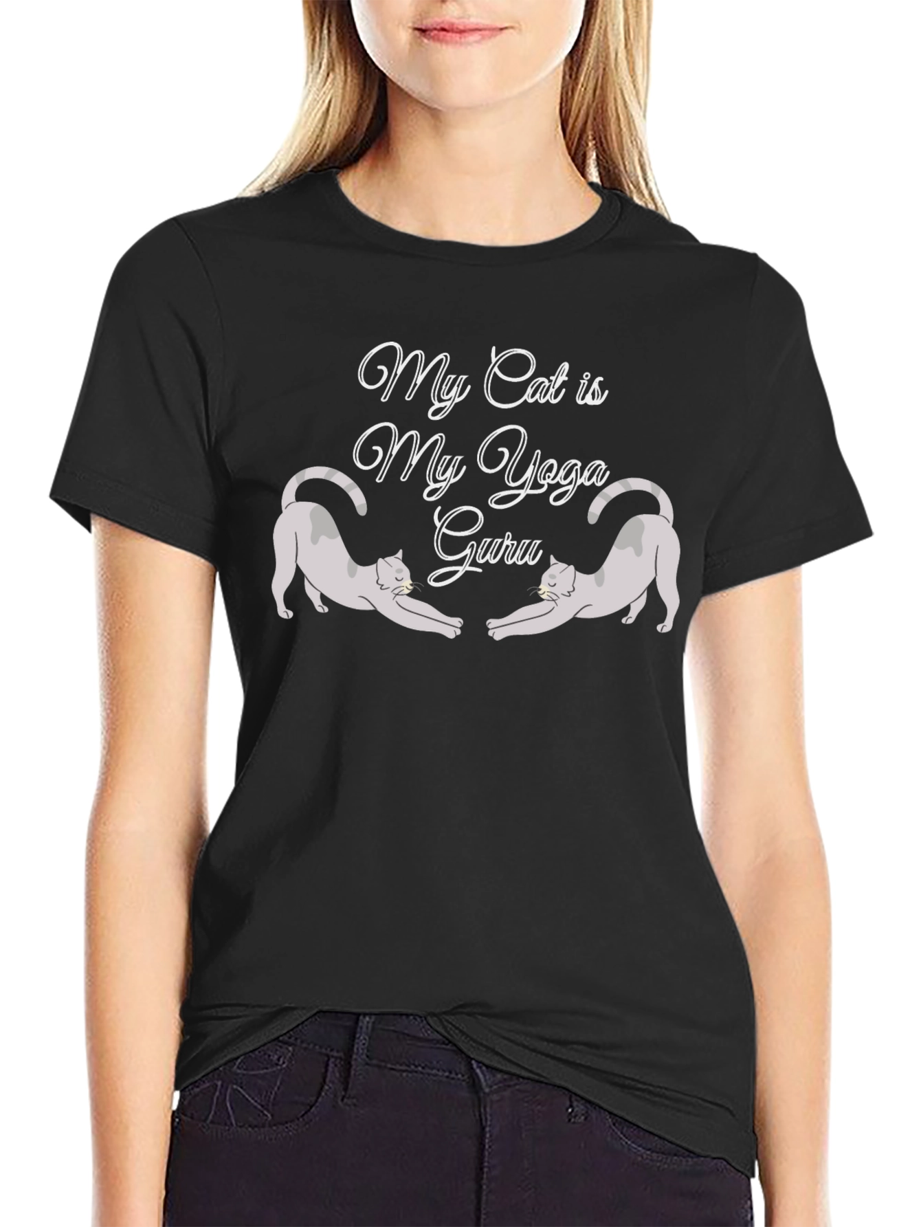 My Cat is My Yoga Guru Black T-Shirt